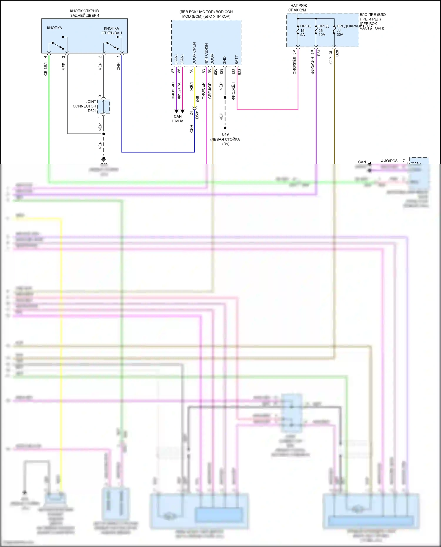 Rogue Nissan III (2020-2024): Электросхема устройства открывания задней двери, с автоматической системой задней двери (2 из 2) 