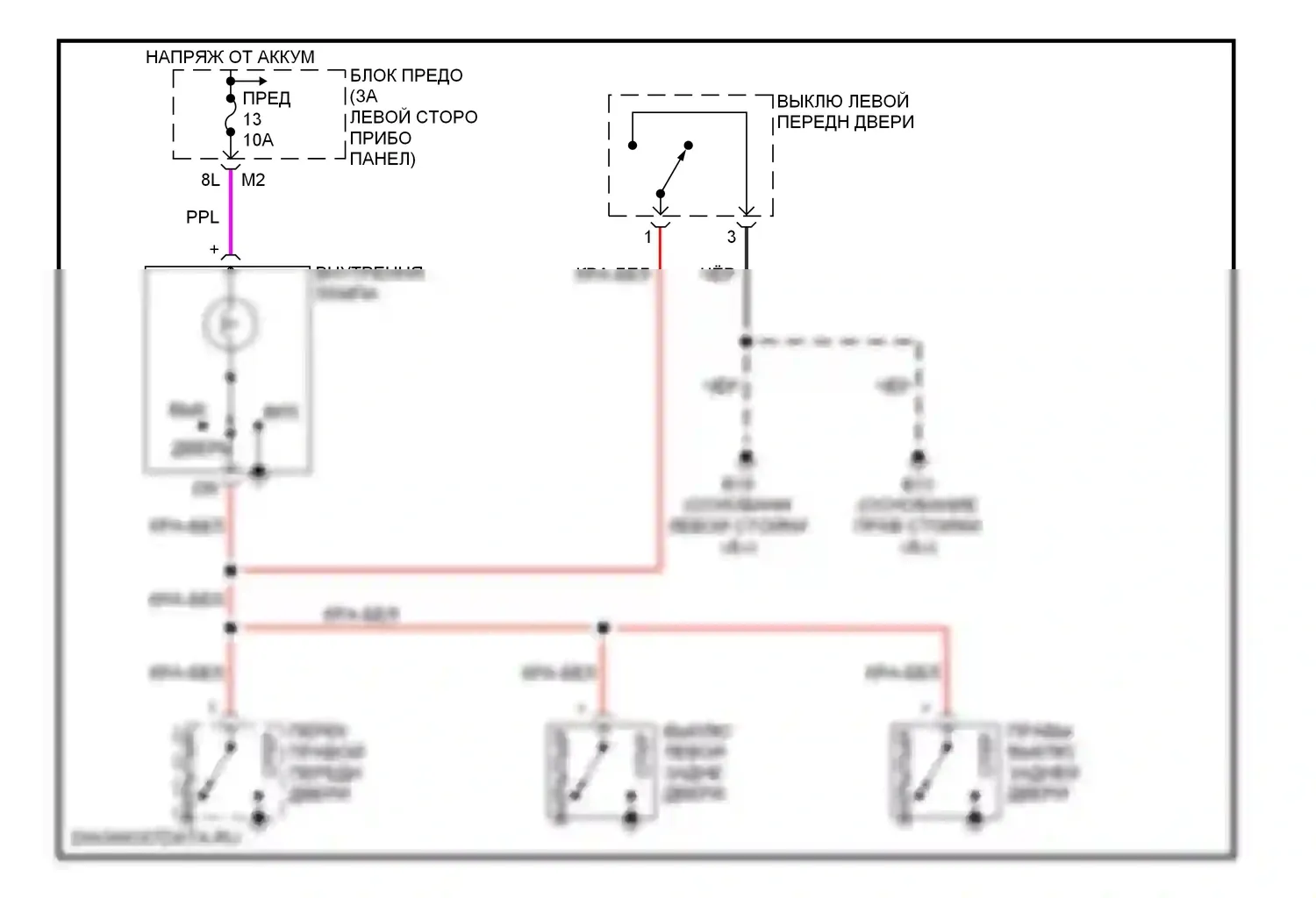 Sentra Nissan B15 (1998-2006): Электросхема освещения салона, без центрального замка 
