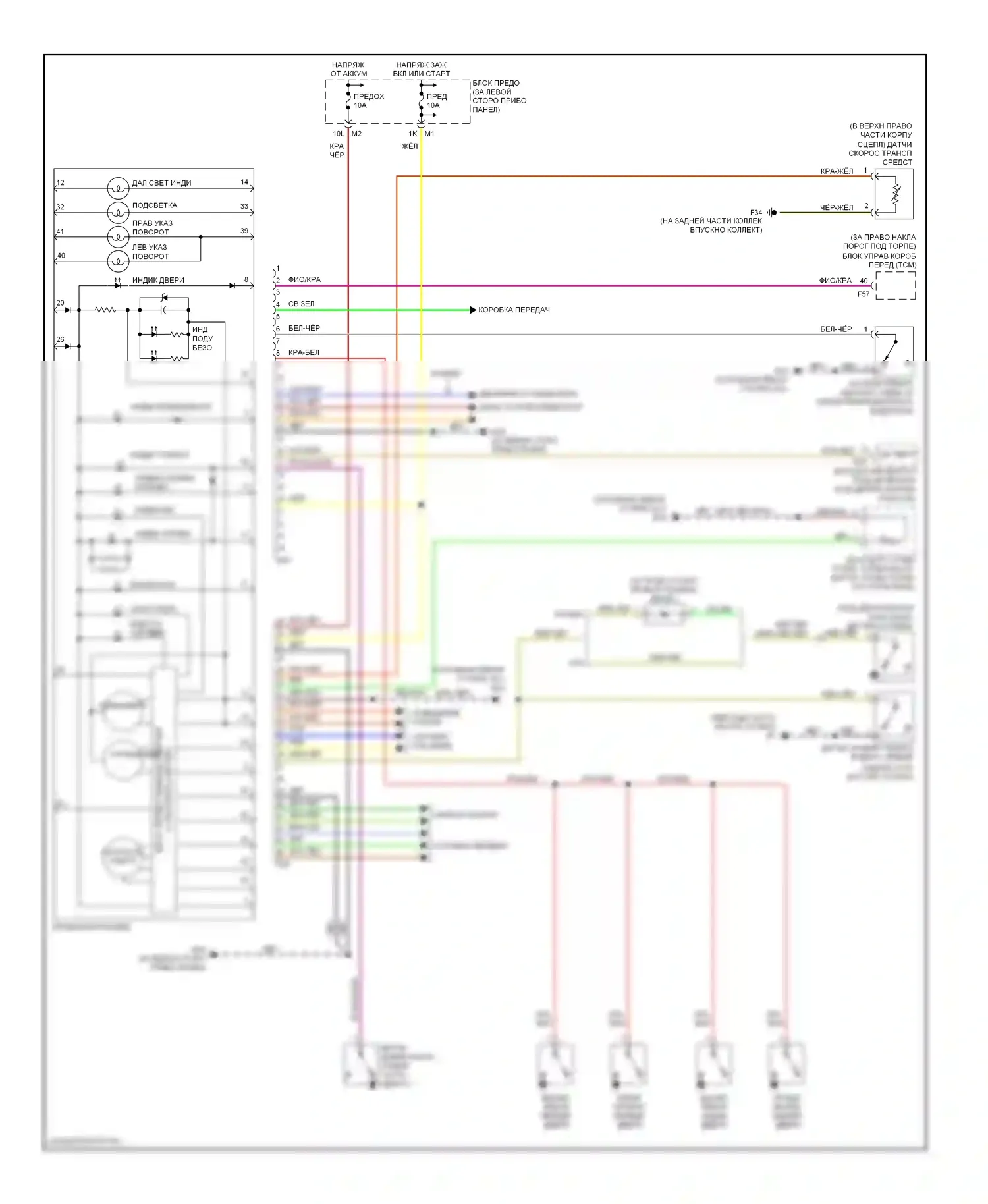 Sentra Nissan B15 (1998-2006): Электросхема приборной панели, без тахометра 