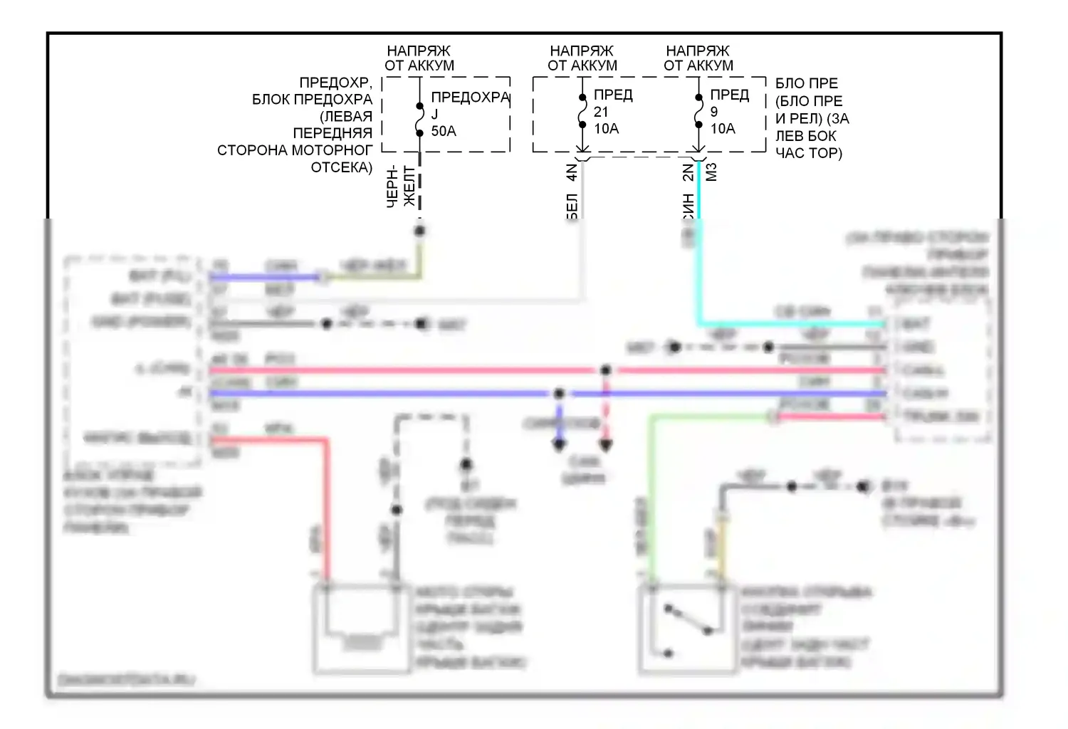 Sentra Nissan B16 (2006-2009): Электросхема расцепителя соединительной линии с интеллектуальным ключевым блоком 
