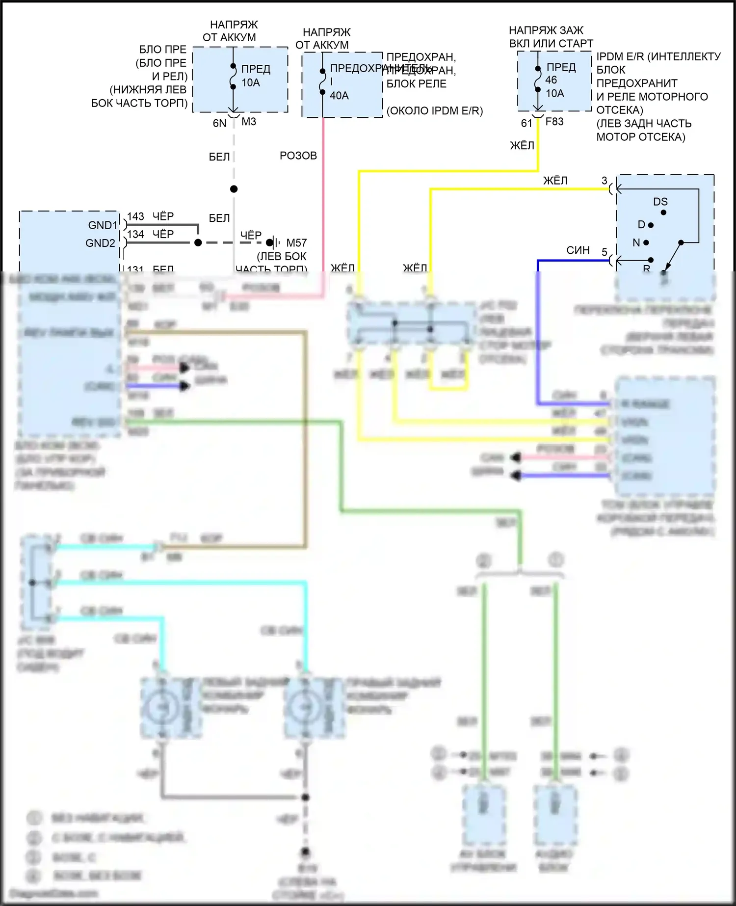Teana Nissan L33 (2014-2020): Электросхема фонарей заднего хода 