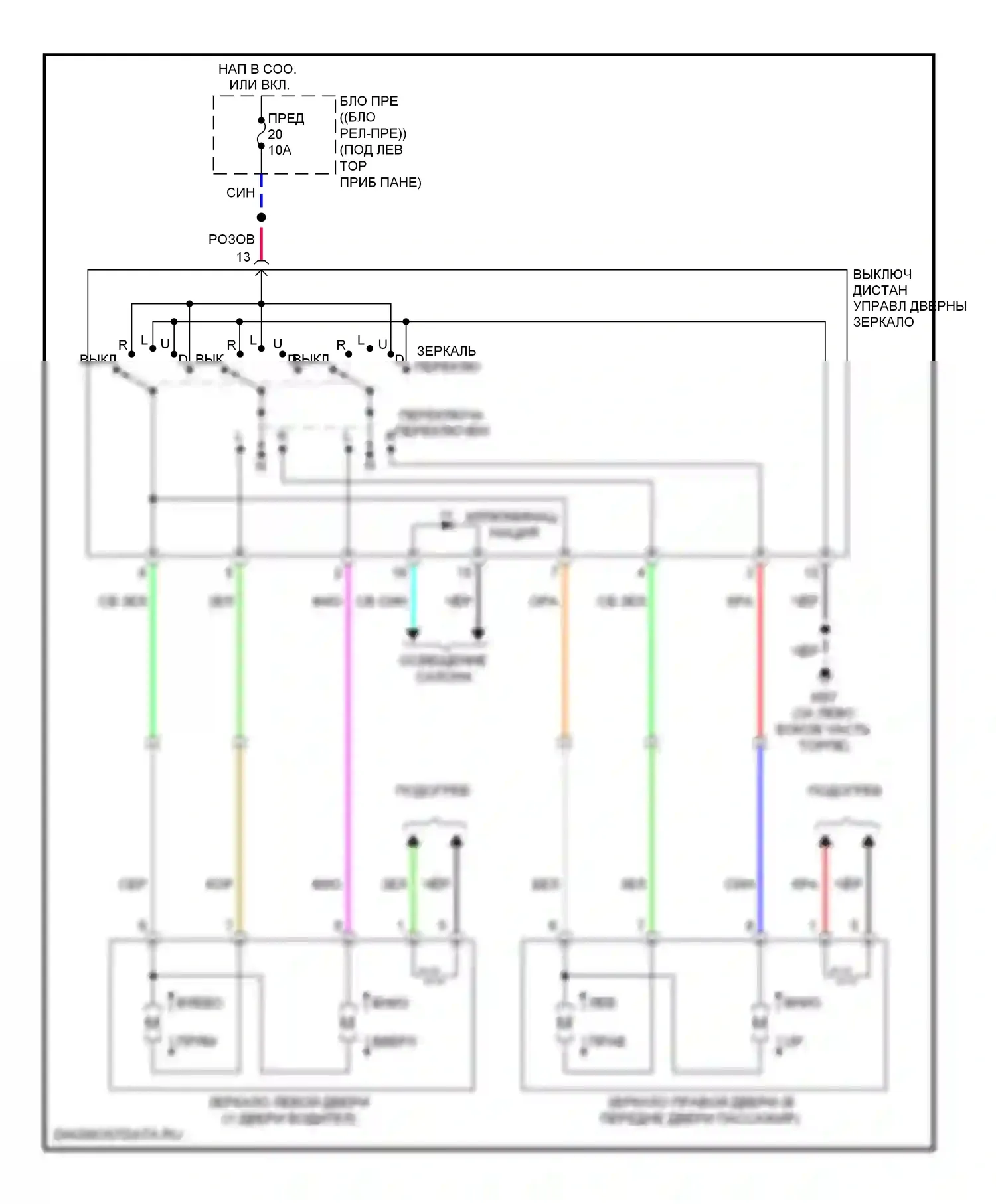 Versa Nissan I (2006-2012): Электросхема управления зеркалами заднего вида 