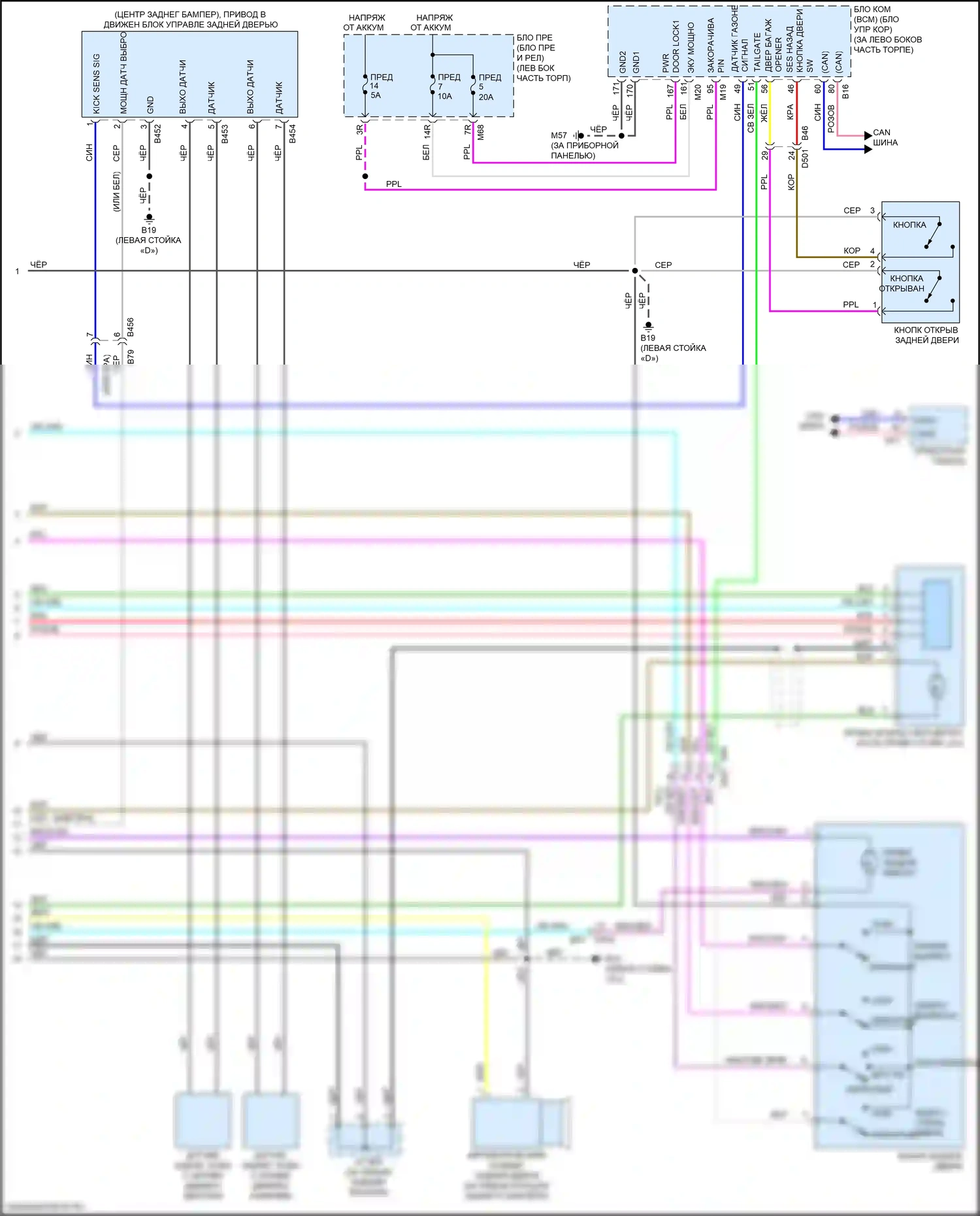 X-Trail Nissan III рестайлинг (2017-2024): Электросхема устройства открывания задней двери, с автоматической системой задней двери (2 из 2) 