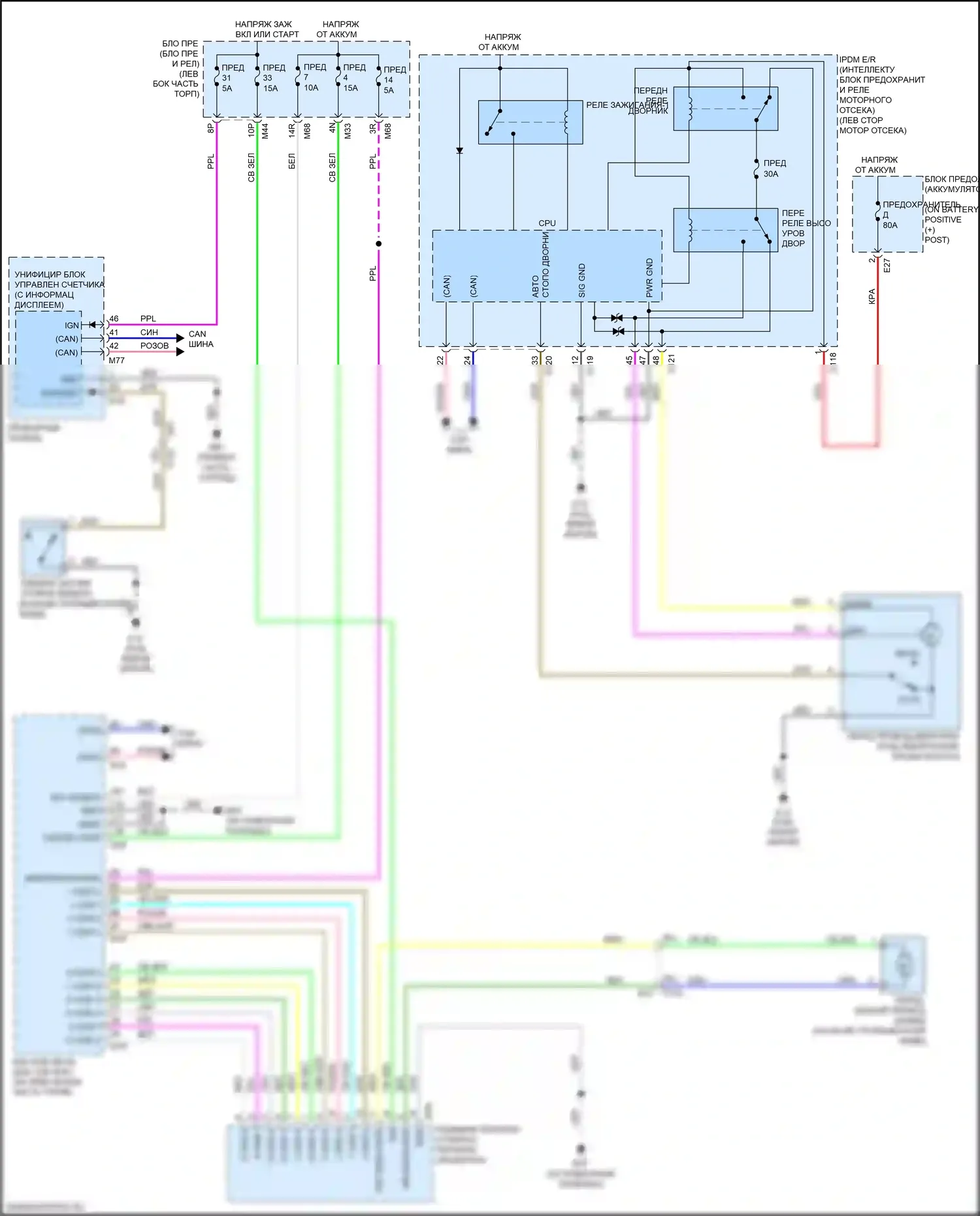 X-Trail Nissan III рестайлинг (2017-2024): Электросхема передних дворников и омывателей 