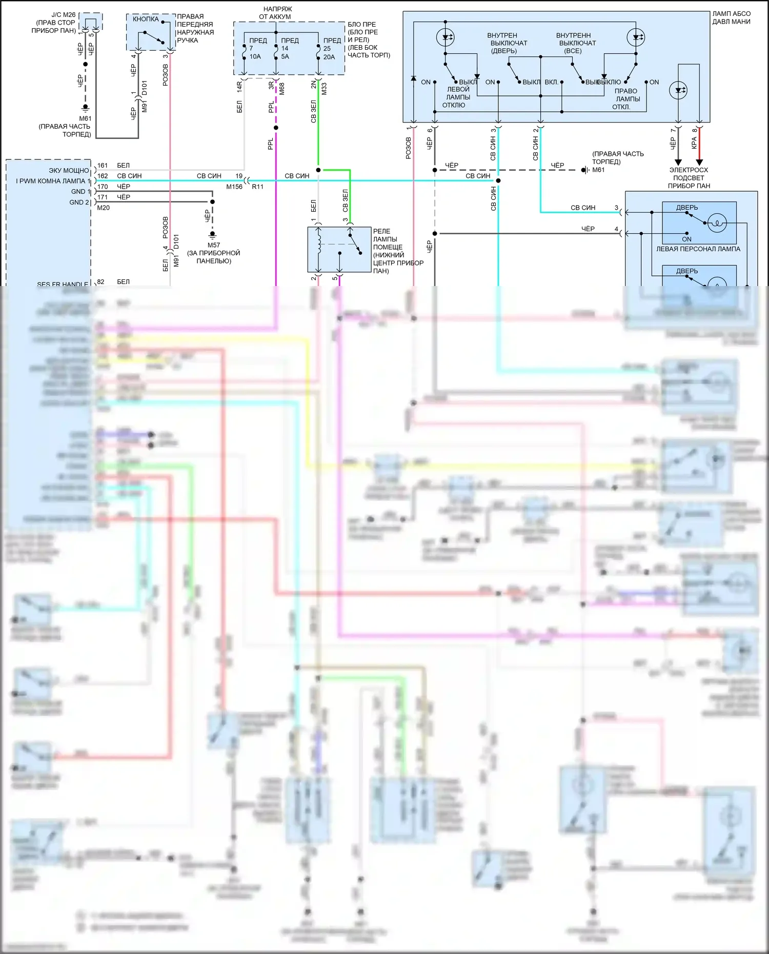 X-Trail Nissan III рестайлинг (2017-2024): Электросхема освещения салона, с интеллектуальным ключевым блоком 