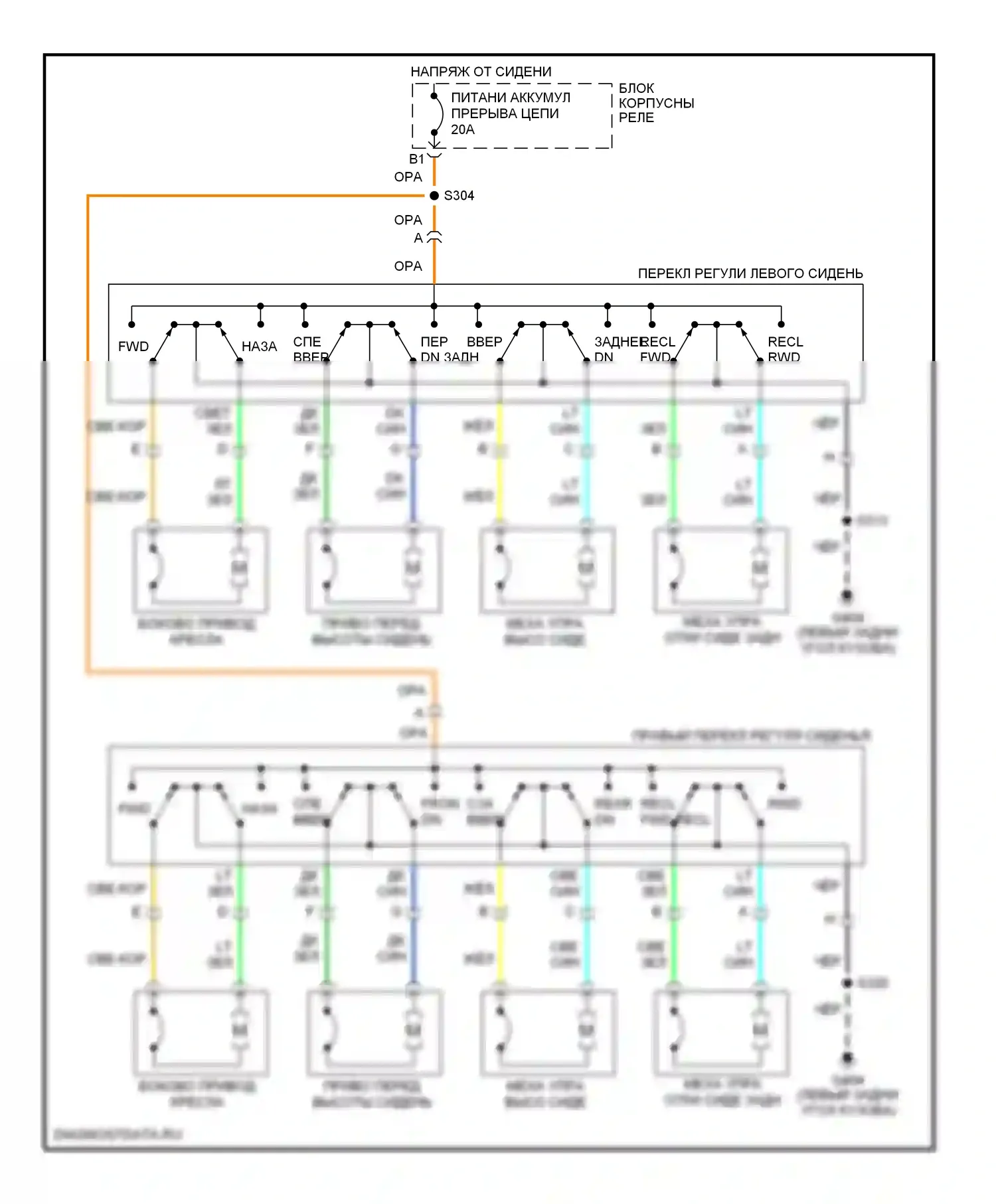 Bravada Oldsmobile II (1995-2001): Электросхема сиденья с электроприводом 6-стороннего и откидного типа 