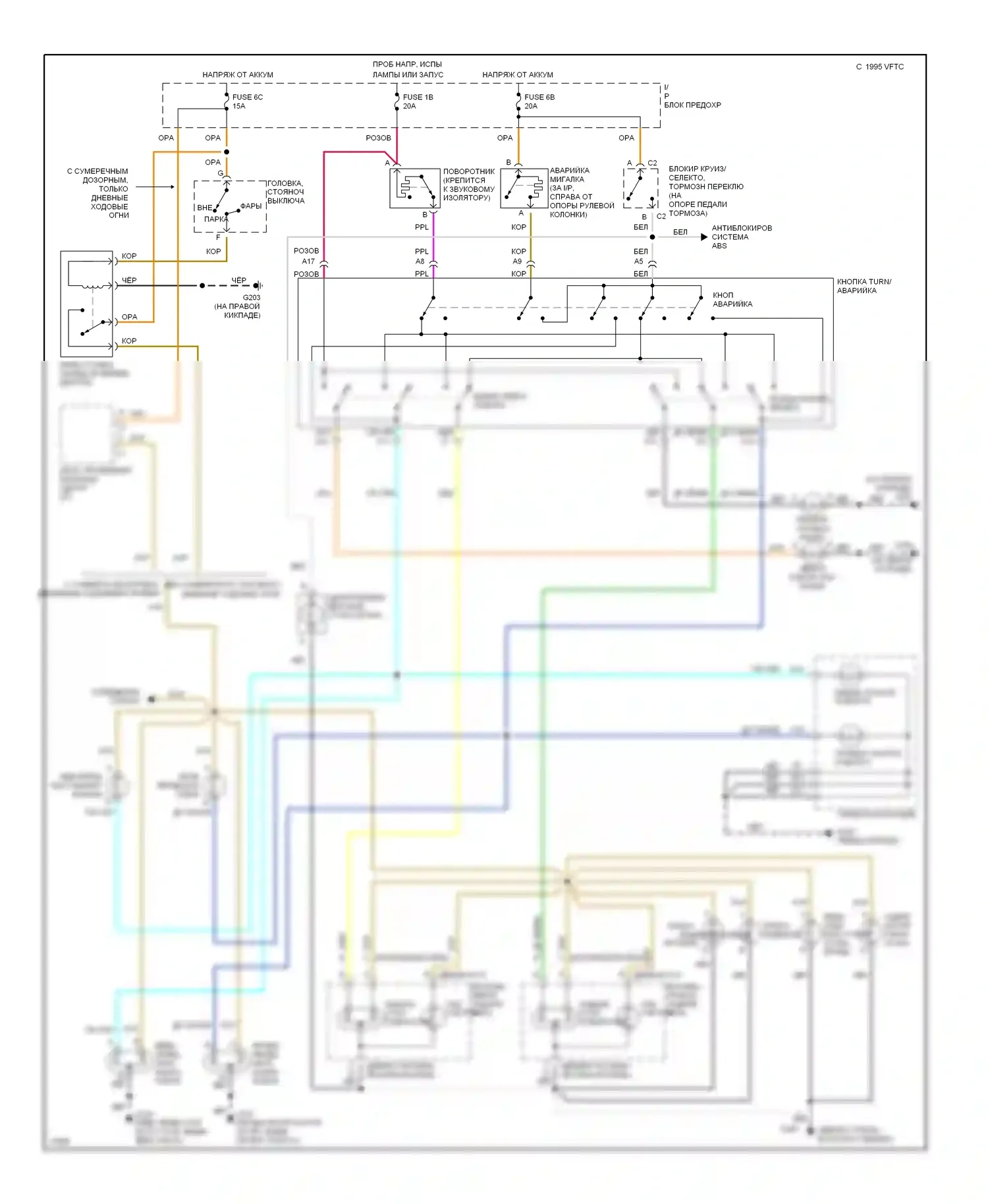 Ninety-Eight Oldsmobile XI (1991-1996): Электросхема внешнего освещения, без адаптивного монитора ламп 