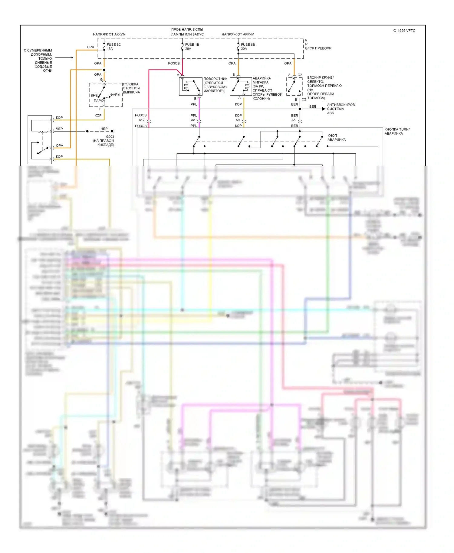 Ninety-Eight Oldsmobile XI (1991-1996): Электросхема внешнего освещения, с адаптивным монитором ламп 