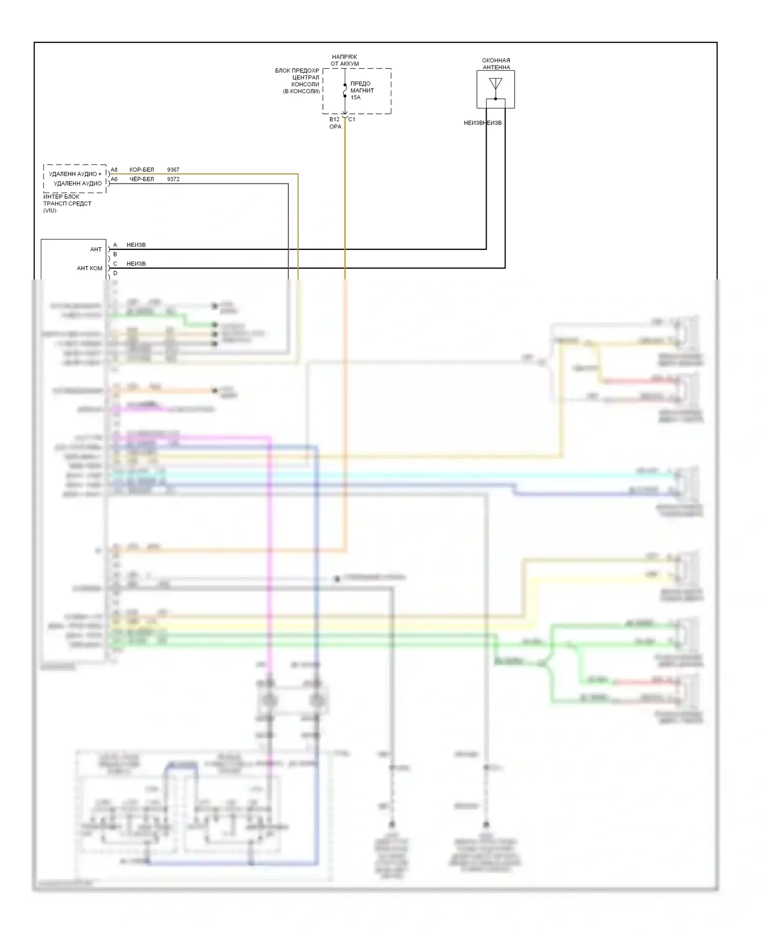 Aztek Pontiac I (2001-2005): Электросхема базовой магнитолы, без задних органов управления 