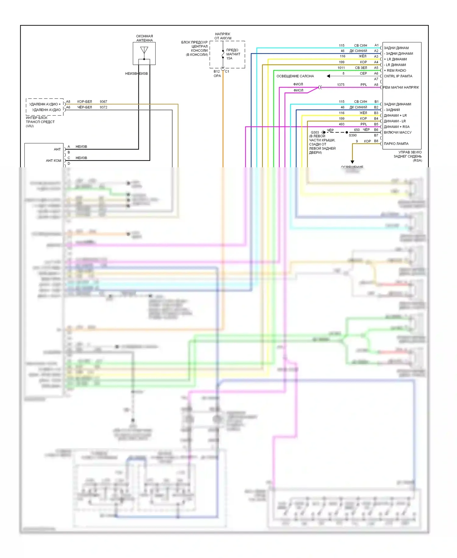 Aztek Pontiac I (2001-2005): Электросхема базовой магнитолы, с задними органами управления 