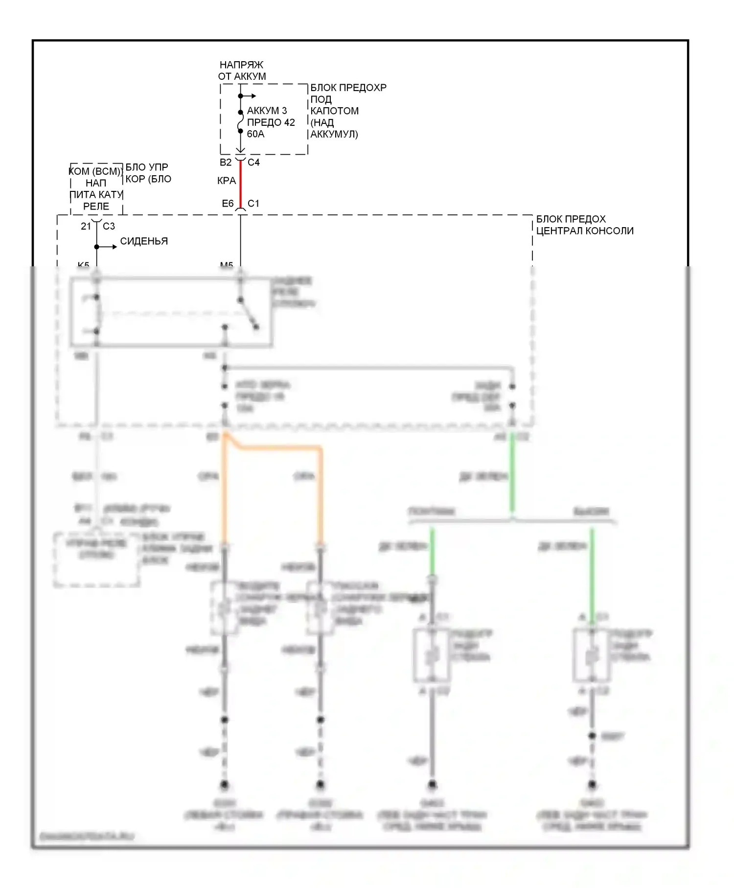 Aztek Pontiac I (2001-2005): Электросхема подогрева стекол 