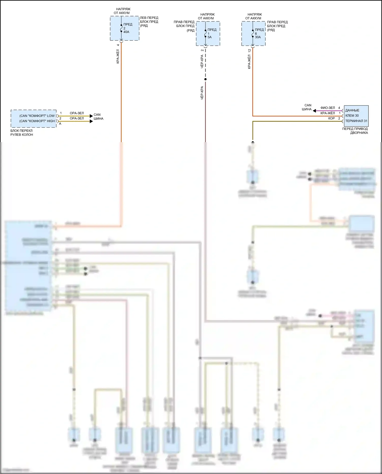 911 Carrera 4S Porsche 991 (2011-2015): Электросхема передних дворников и омывателей, без турбонаддува 