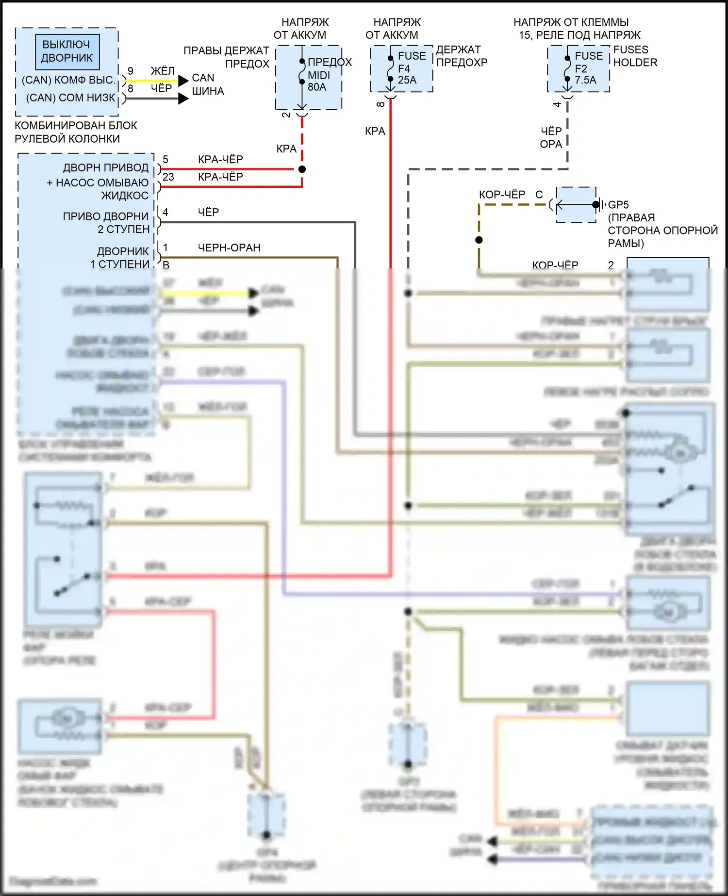 911 Carrera 4S Porsche 991 (2011-2015): Электросхема передних дворников и омывателей, турбо без датчика дождя 
