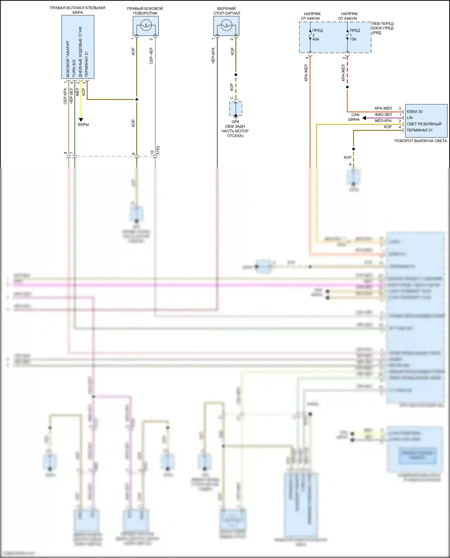 911 Carrera 4S Porsche 991 (2011-2015): Электросхема фар и фонарей, без турбо (2 из 2) 