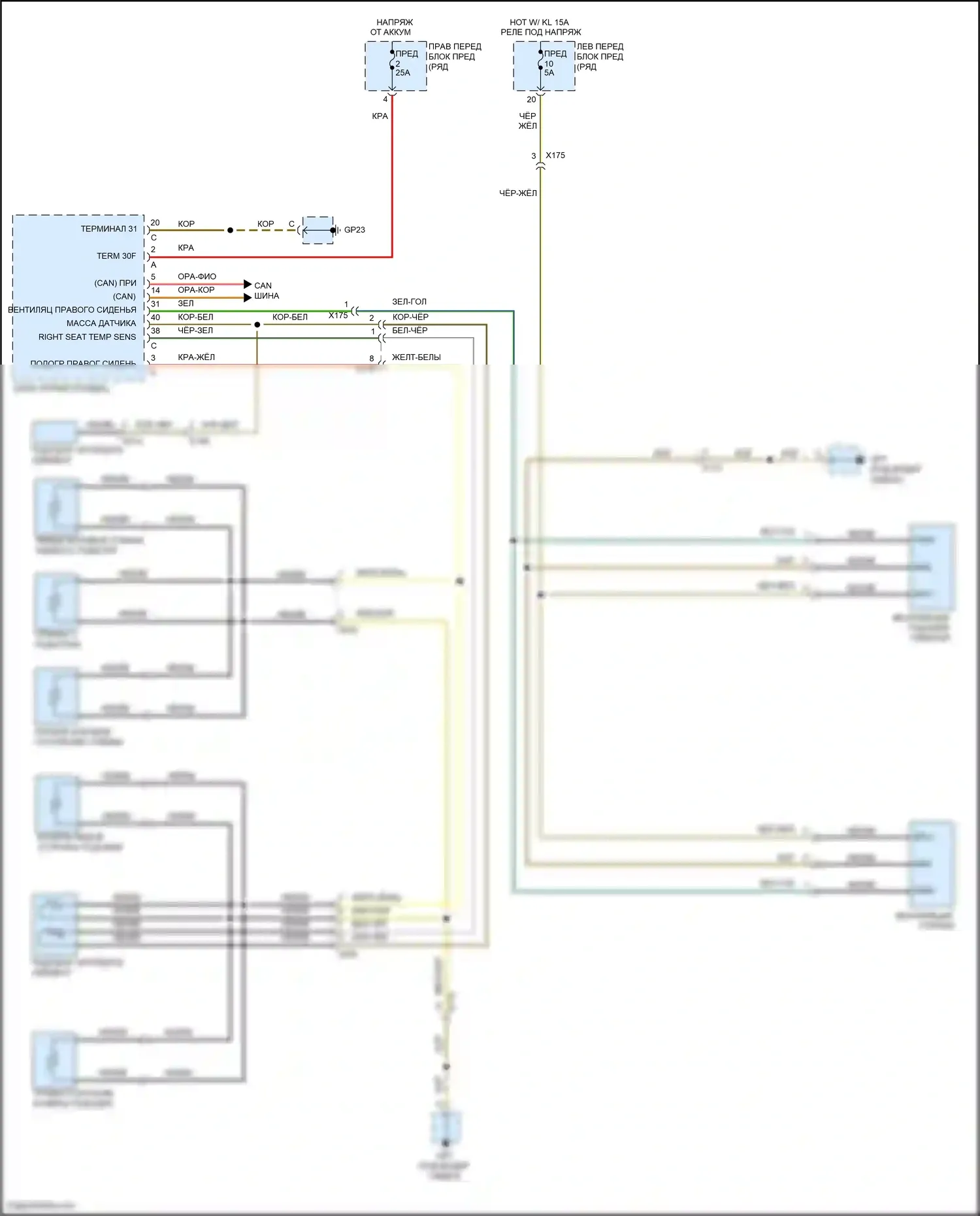 911 Carrera 4S Porsche 991 (2011-2015): Электросхема подогрева сидений, без турбо, с пассажирским силовым сиденьем 