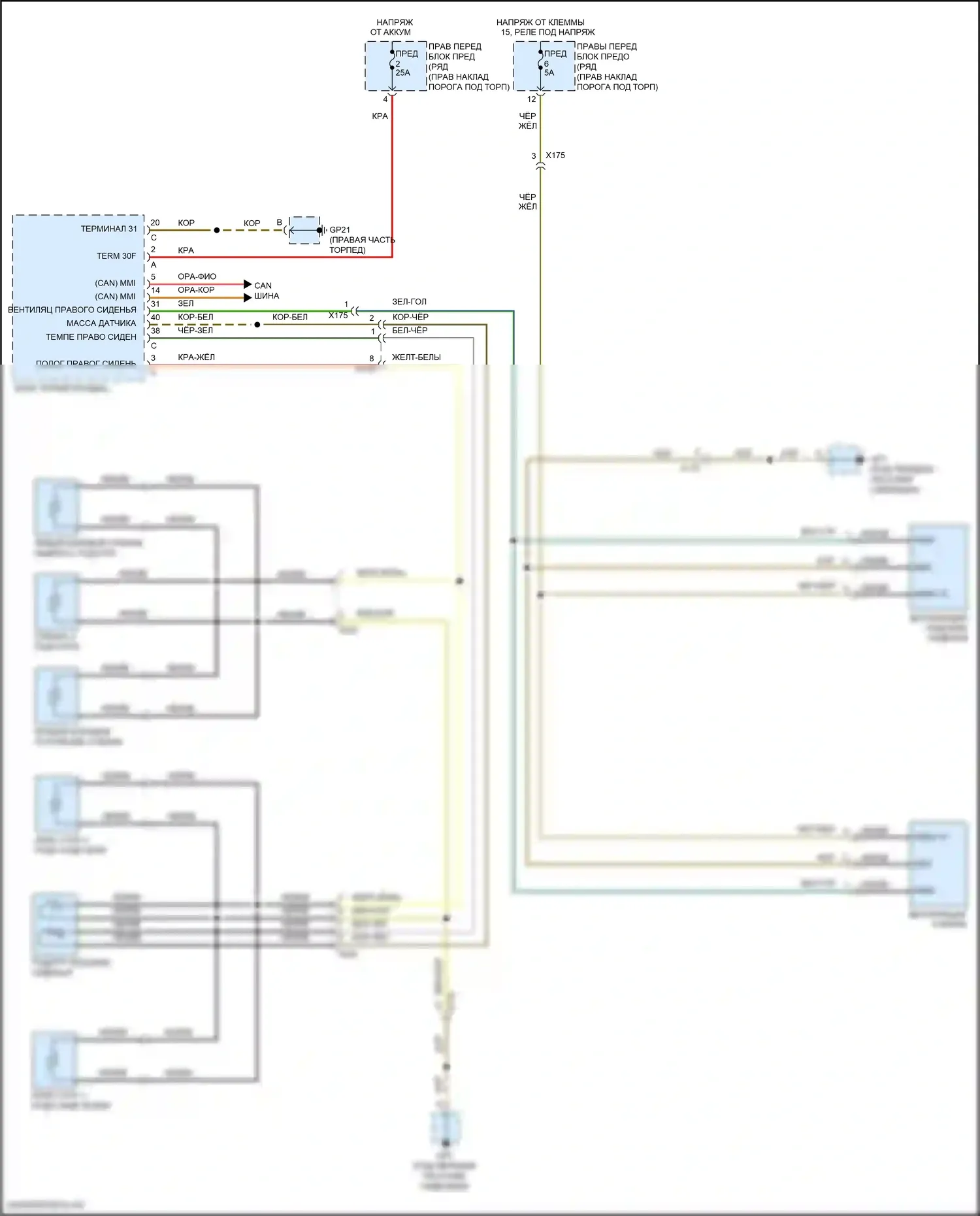 911 Carrera GTS Porsche 991 рестайлинг (2015-2019): Электросхема обогреваемого сиденья переднего пассажира, без каркаса сиденья 