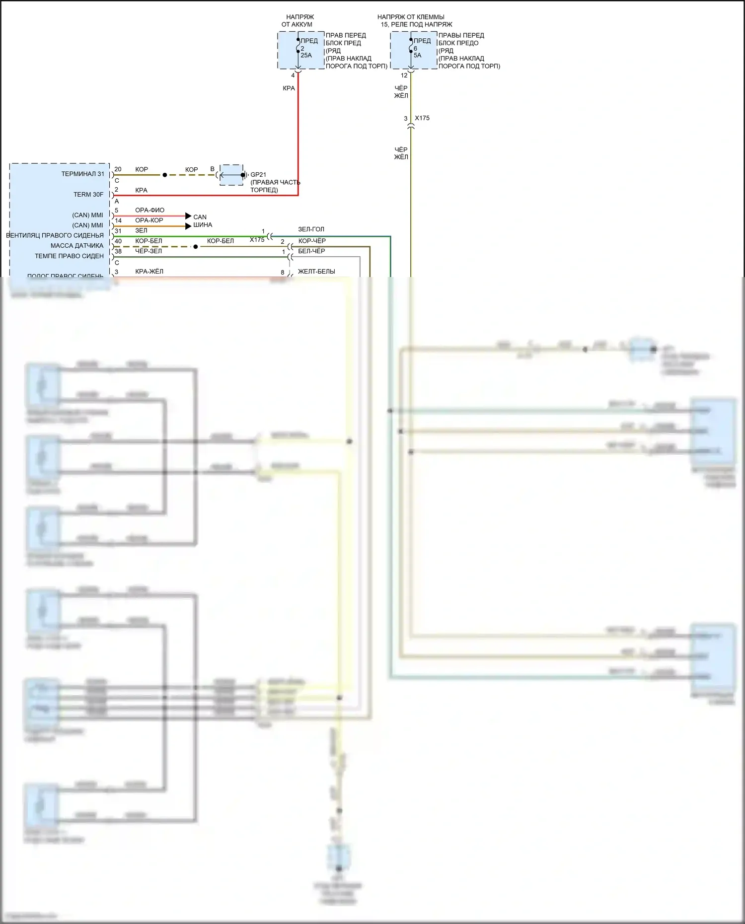911 GT3 RS Porsche 991 рестайлинг (2018-2019): Электросхема обогреваемого сиденья переднего пассажира, без каркаса сиденья 