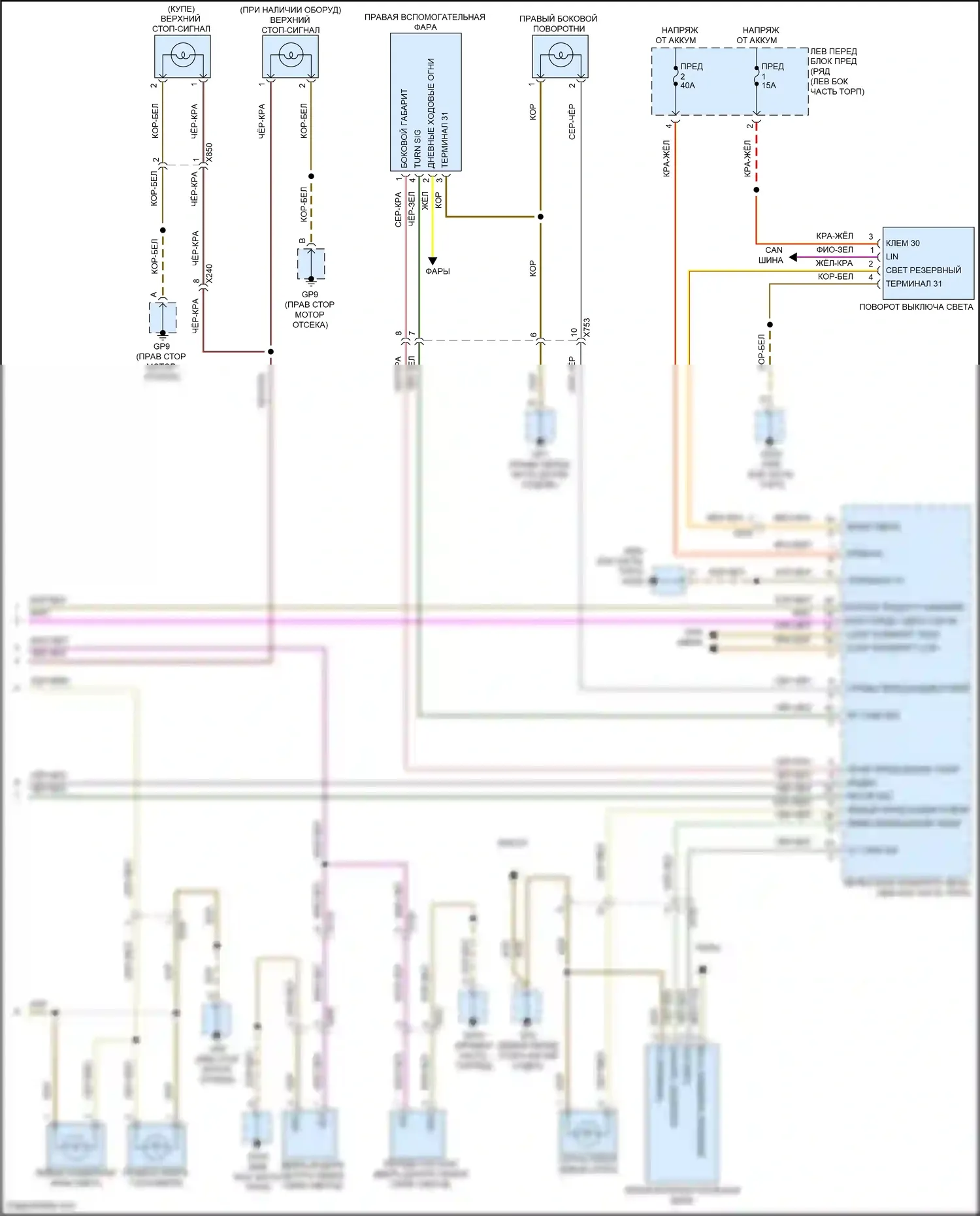 911 GT3 Porsche 991 (2013-2017): Электросхема фар и фонарей (2 из 2) 