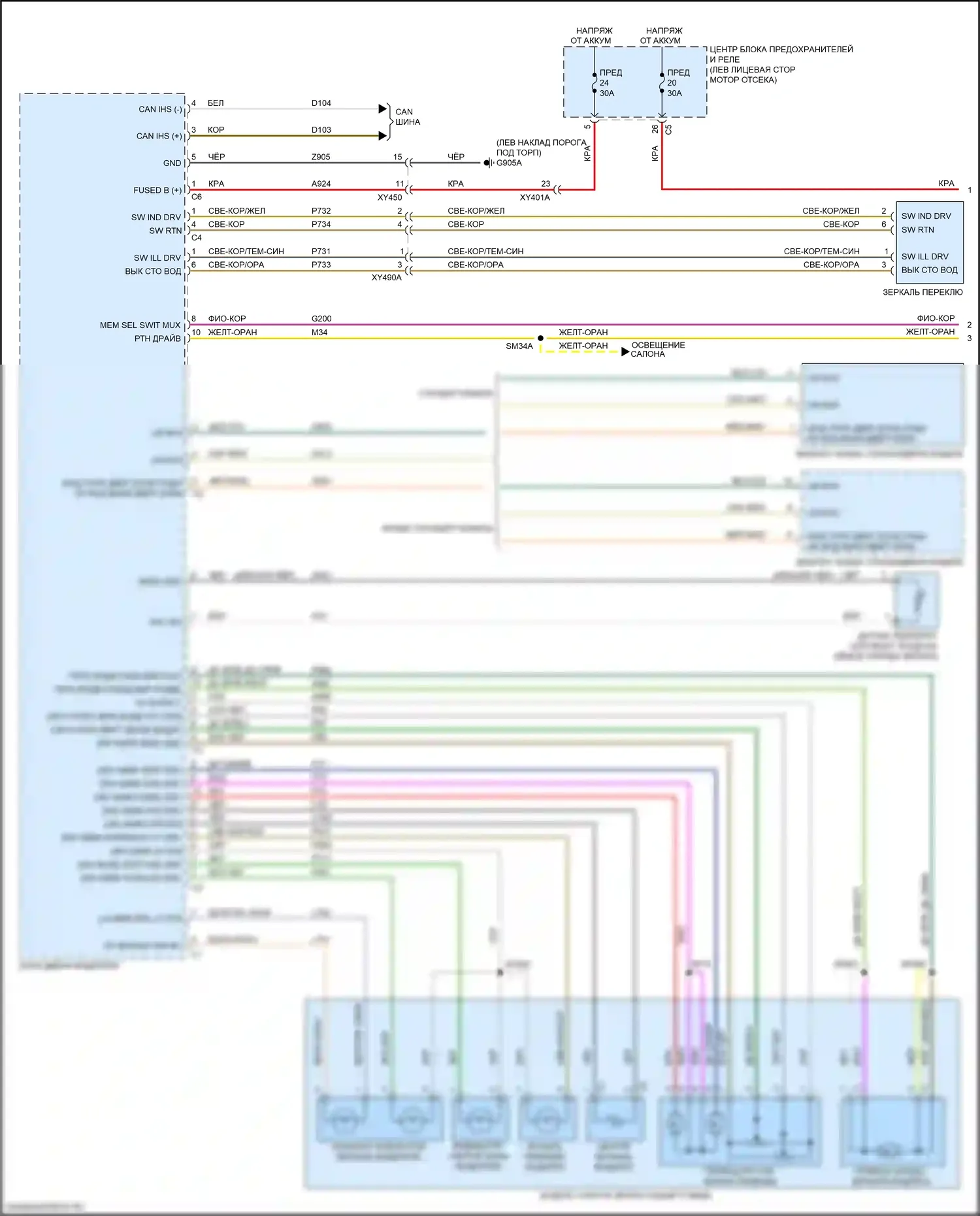 2500 RAM I рестайлинг (2019-2024): Электросхема памяти зеркал, с силовым фальцем, без буксировки прицепа (1 из 2) 