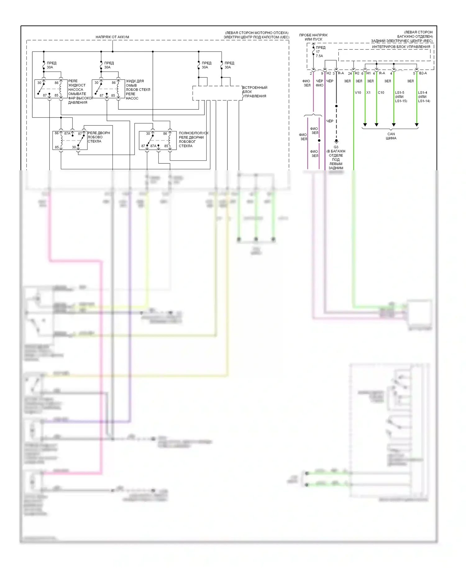 9-3 Saab II (2002-2008): Электросхема передних дворников и омывателей 