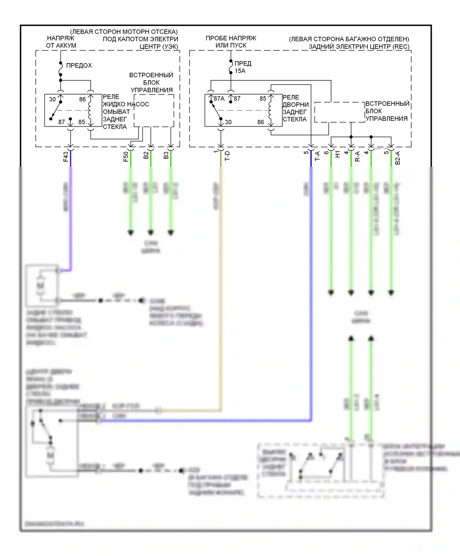 9-3 Saab II (2002-2008): Электросхема задних дворников и омывателей 