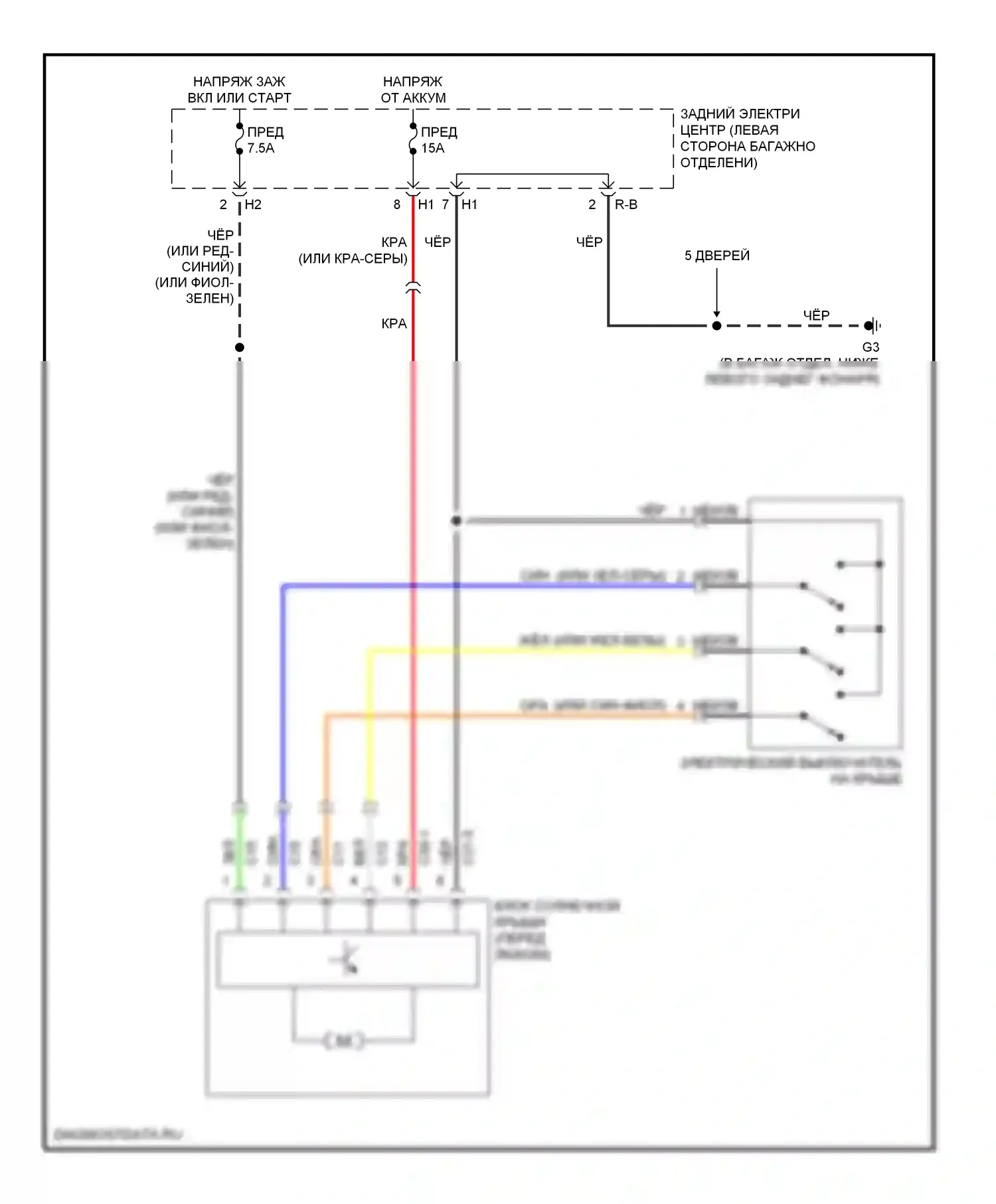 9-3 Saab II (2002-2008): Электросхема люка, без защемления 