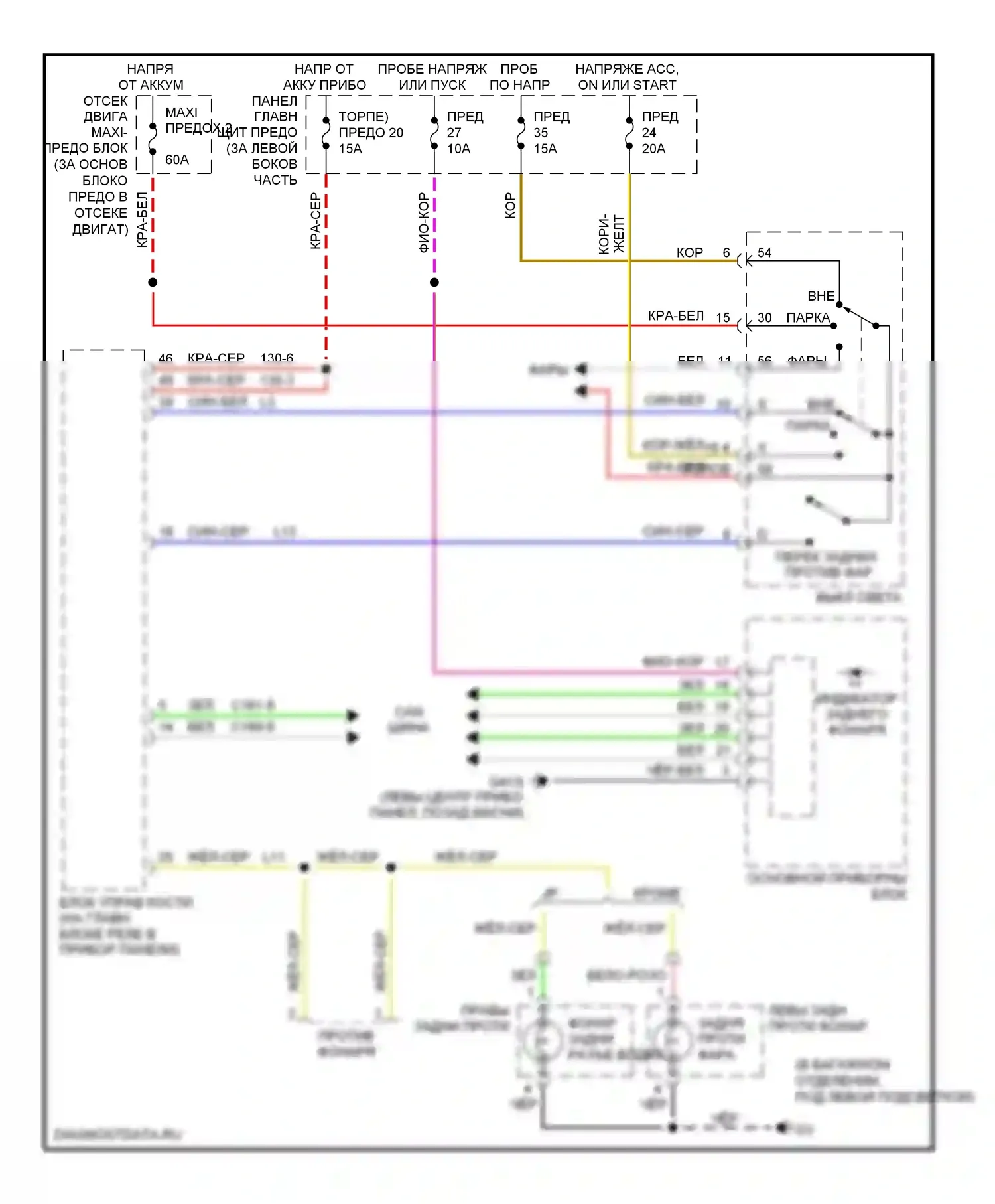 9-5 Saab I рестайлинг 2 (2005-2010): Электросхема задних противотуманных фар, 4 двери 