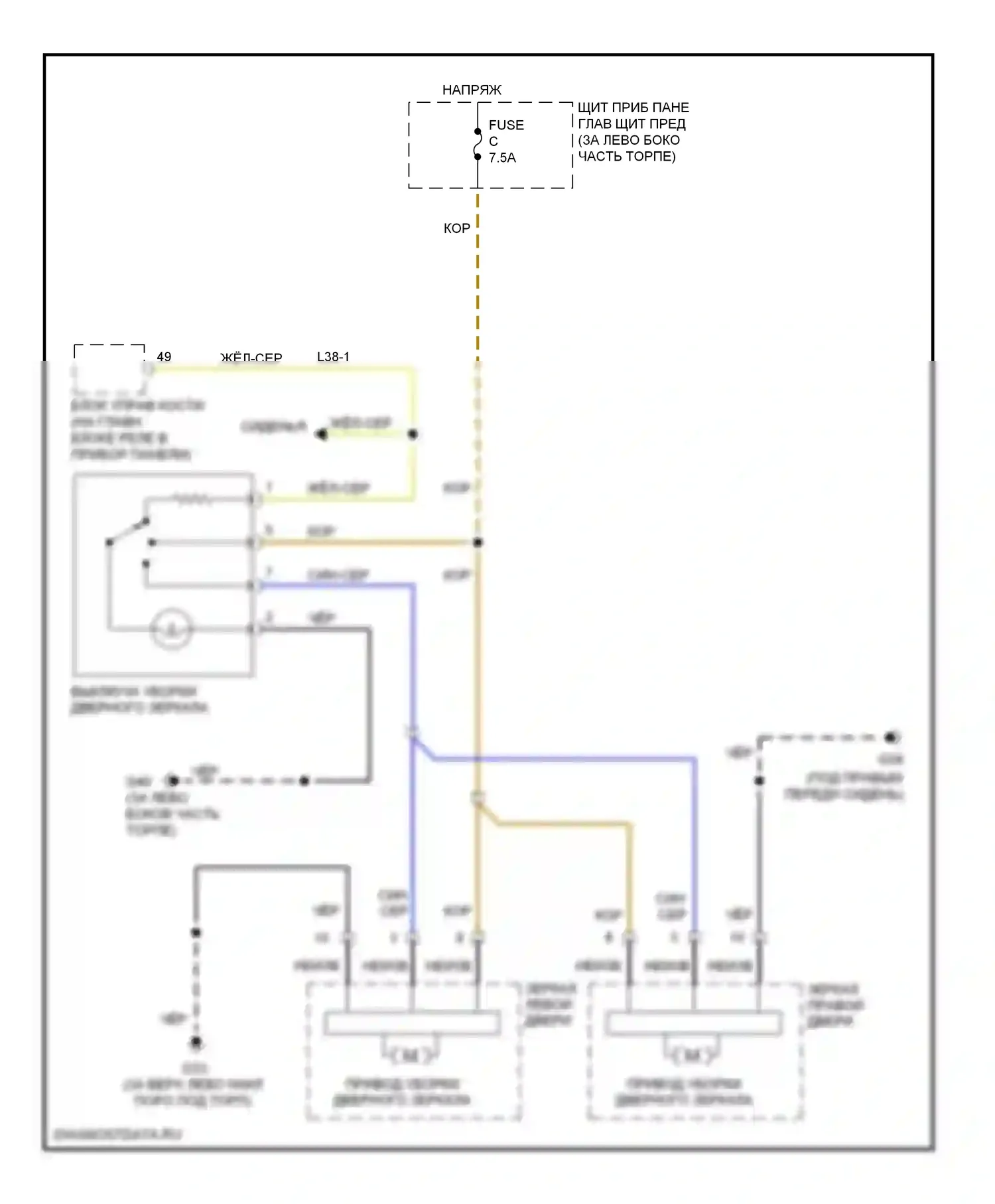 9-5 Saab I рестайлинг 2 (2005-2010): Электросхема зеркал с откидными зеркалами 