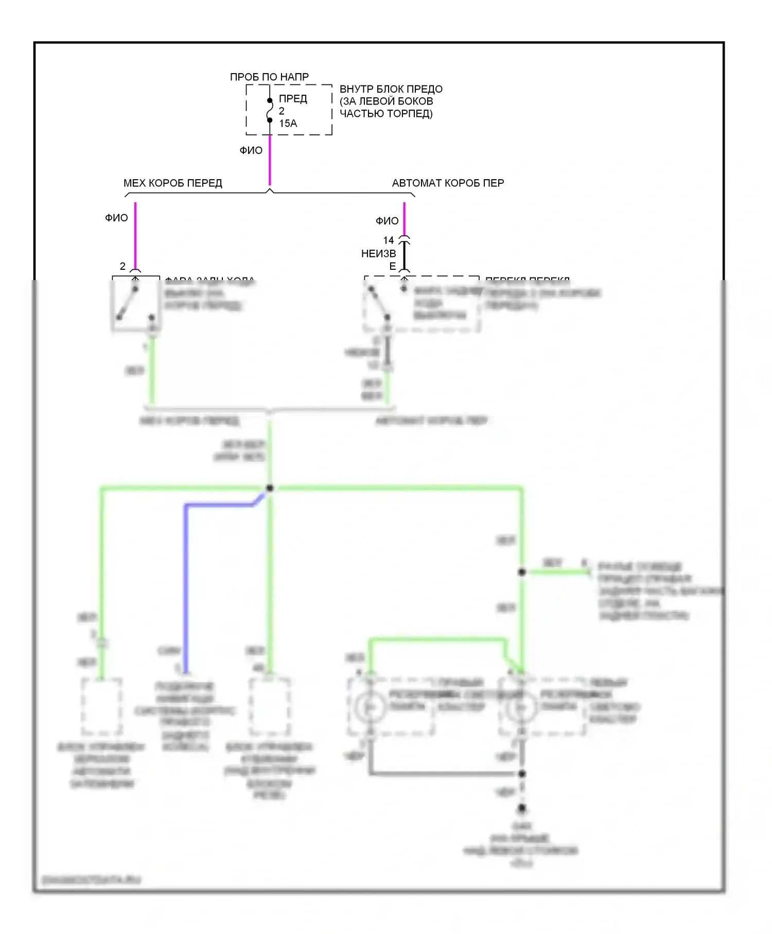 9-5 Saab I рестайлинг (2001-2005): Электросхема фонарей заднего хода, 5 дверей 