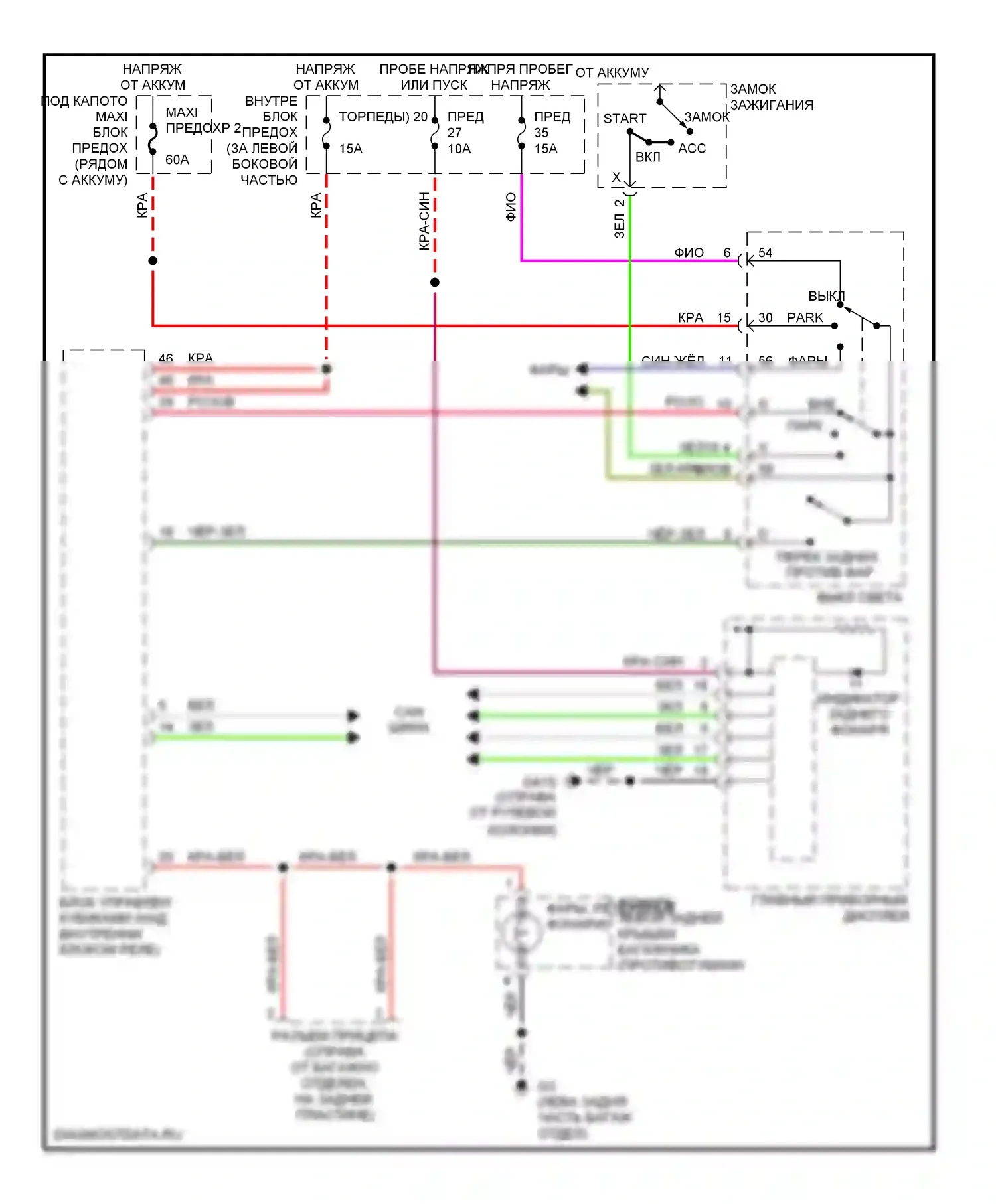 9-5 Saab I рестайлинг (2001-2005): Электросхема задних противотуманных фар, 4 двери 