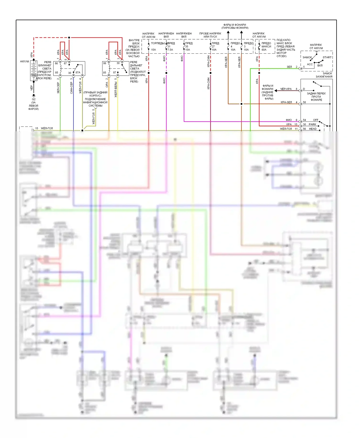 9-5 Saab I рестайлинг (2001-2005): Электросхема фар и передних противотуманных фар, без ксеноновых ламп 