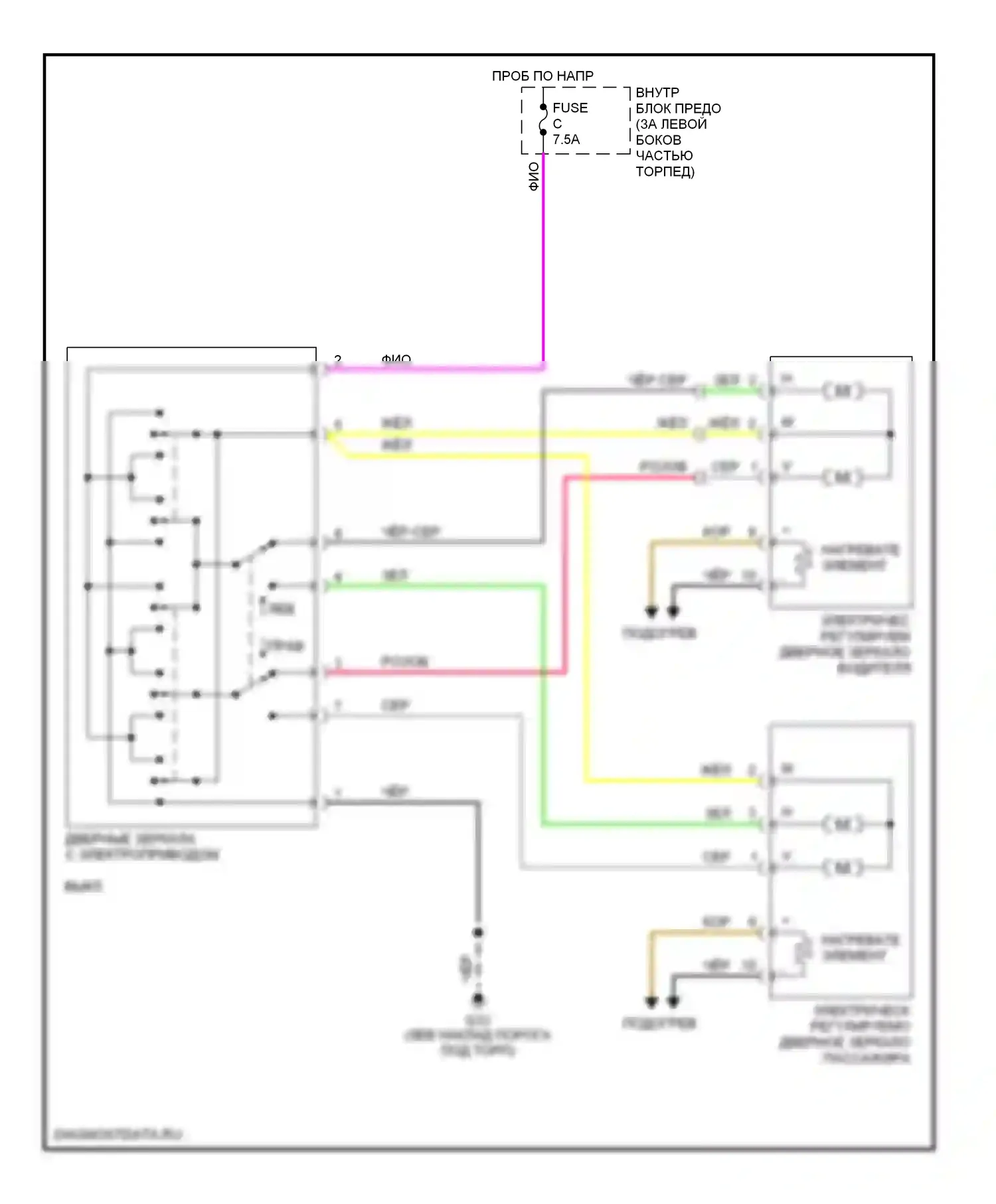 9-5 Saab I рестайлинг (2001-2005): Электросхема силового зеркала 