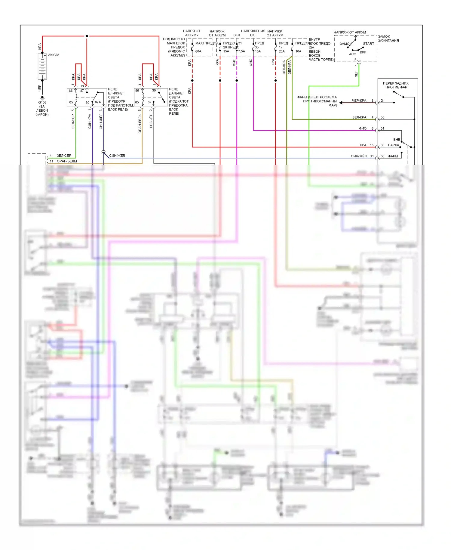 9-5 Saab I (1997-2001): Электросхема фар и передних противотуманных фар 