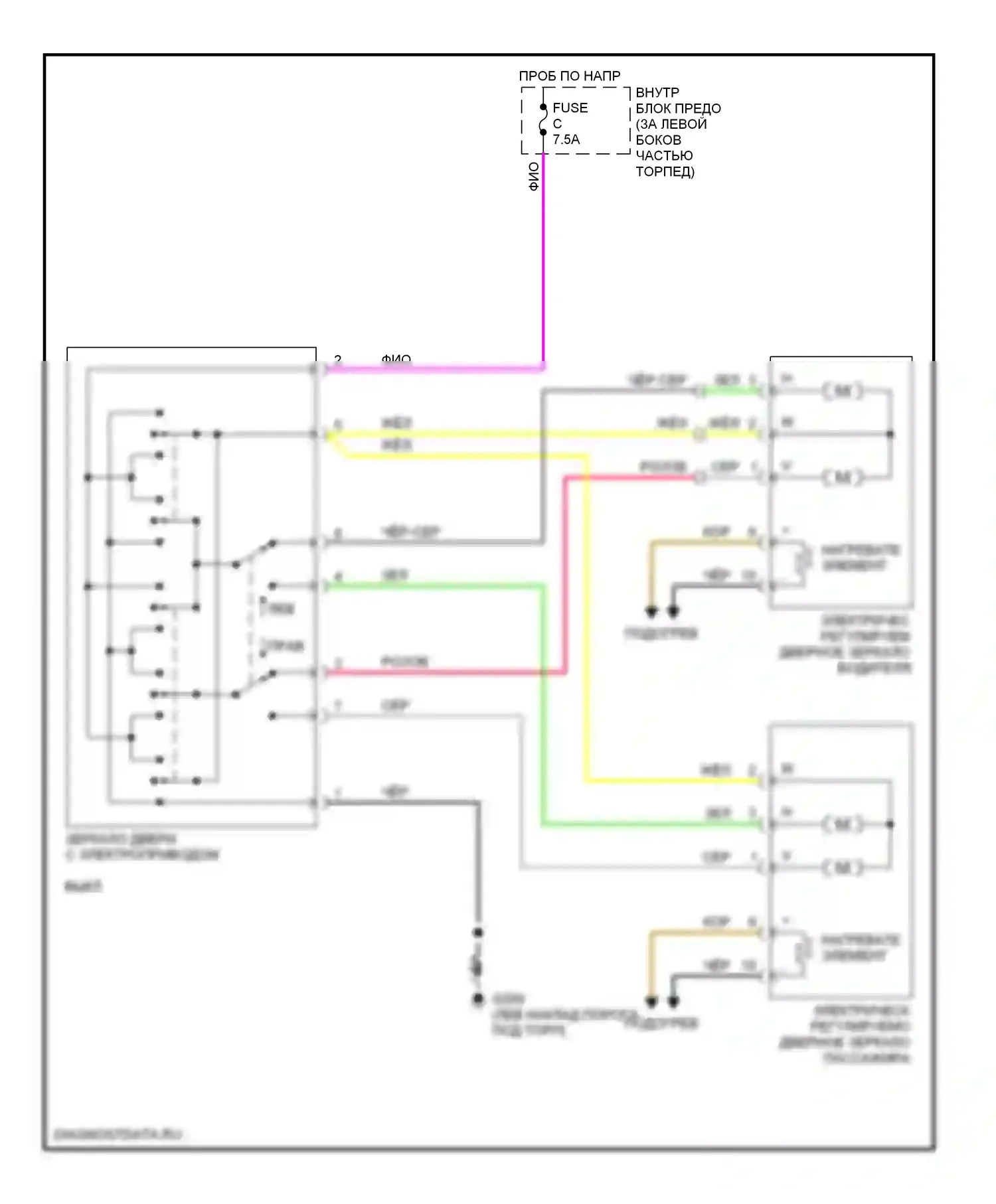 9-5 Saab I (1997-2001): Электросхема силового зеркала 