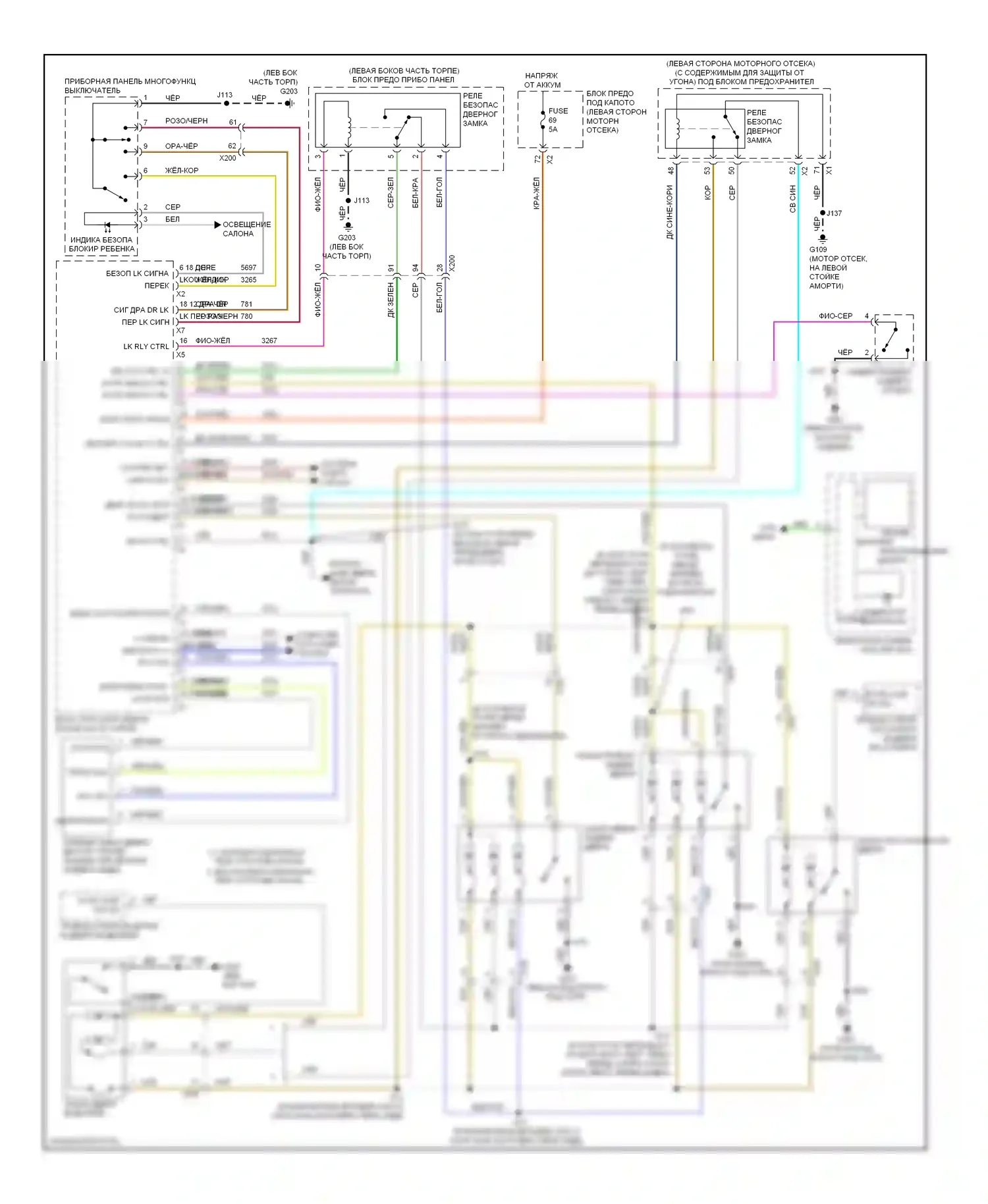 9-5 Saab II (2010-2012): Электросхема центрального замка, без пассивного бесключевого доступа 