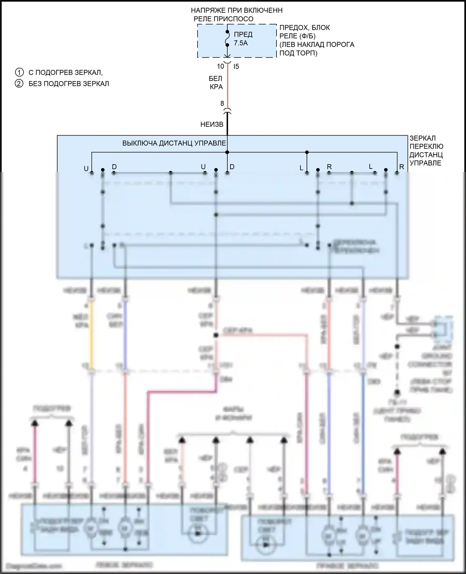 Forester Subaru SJ (2012-2015): Электросхема силового зеркала, без выдвижного наружного зеркала 