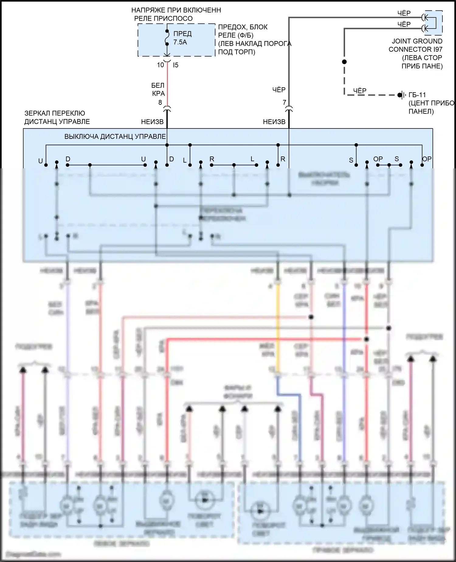 Forester Subaru SJ (2012-2015): Электросхема силового зеркала, с выдвижным внешним зеркалом 