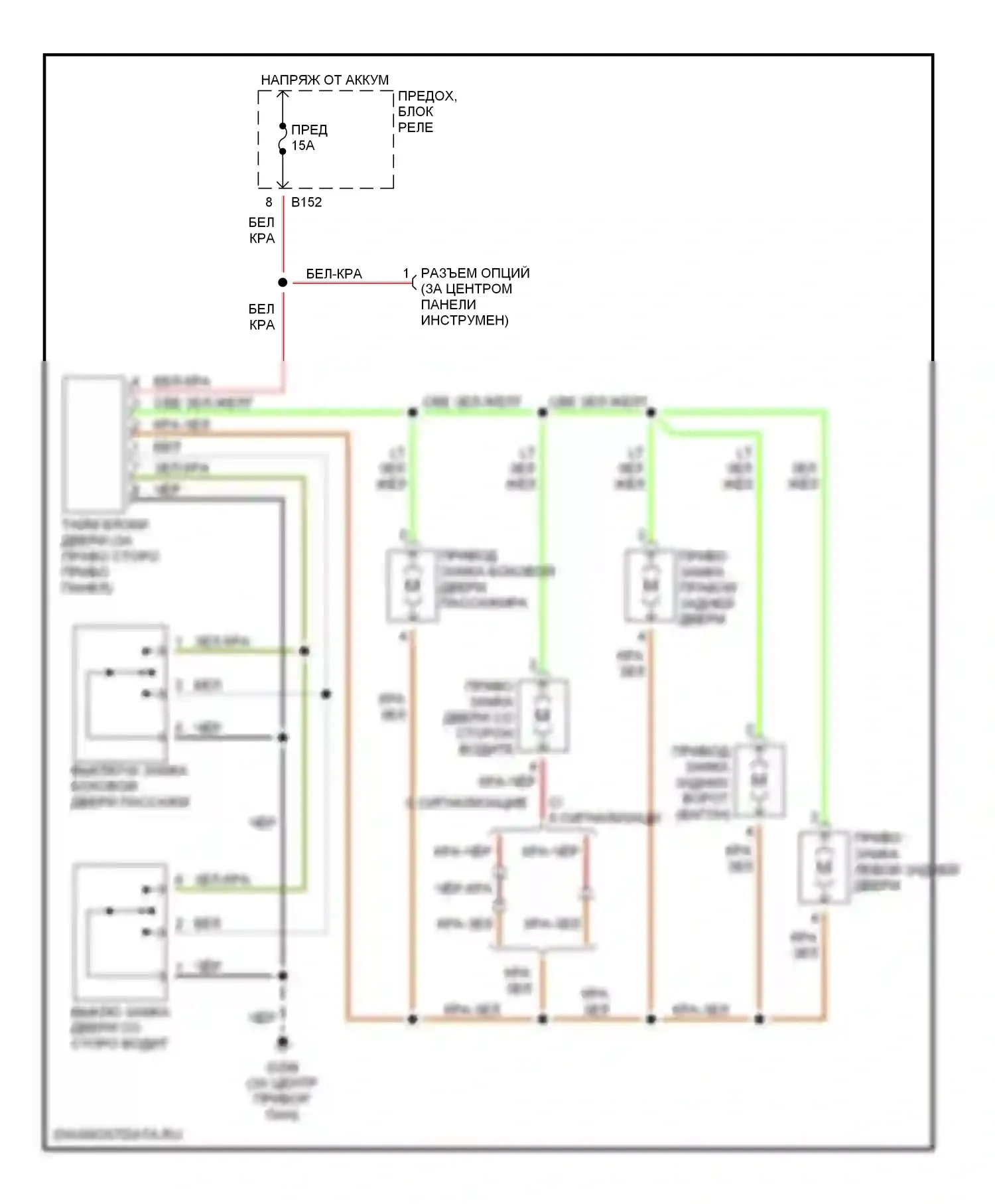 Outback Subaru BH (1999-2003): Электросхема замка двери питания, без бесключевого доступа 