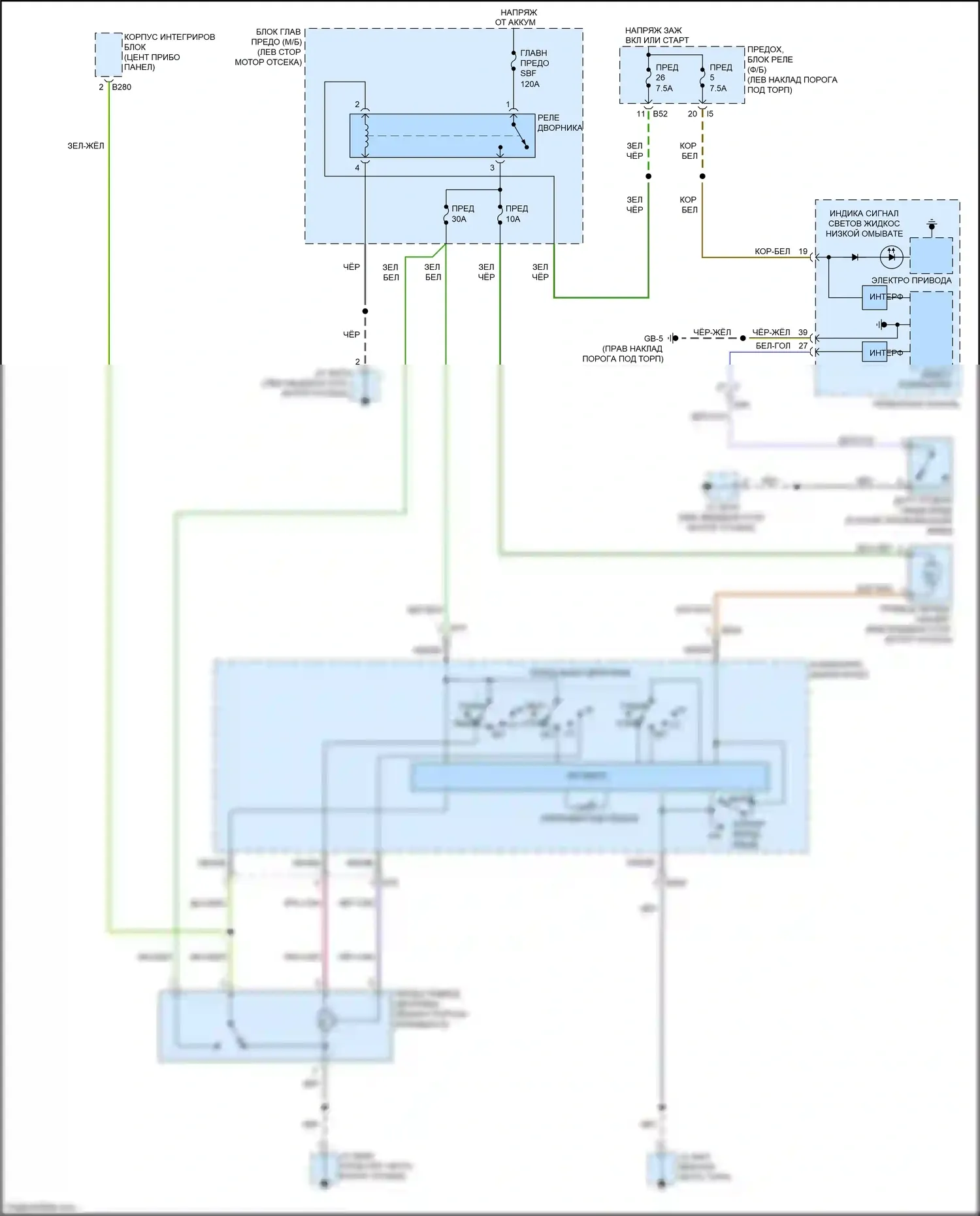 Outback Subaru BR рестайлинг (2012-2014): Электросхема передних дворников и омывателей 