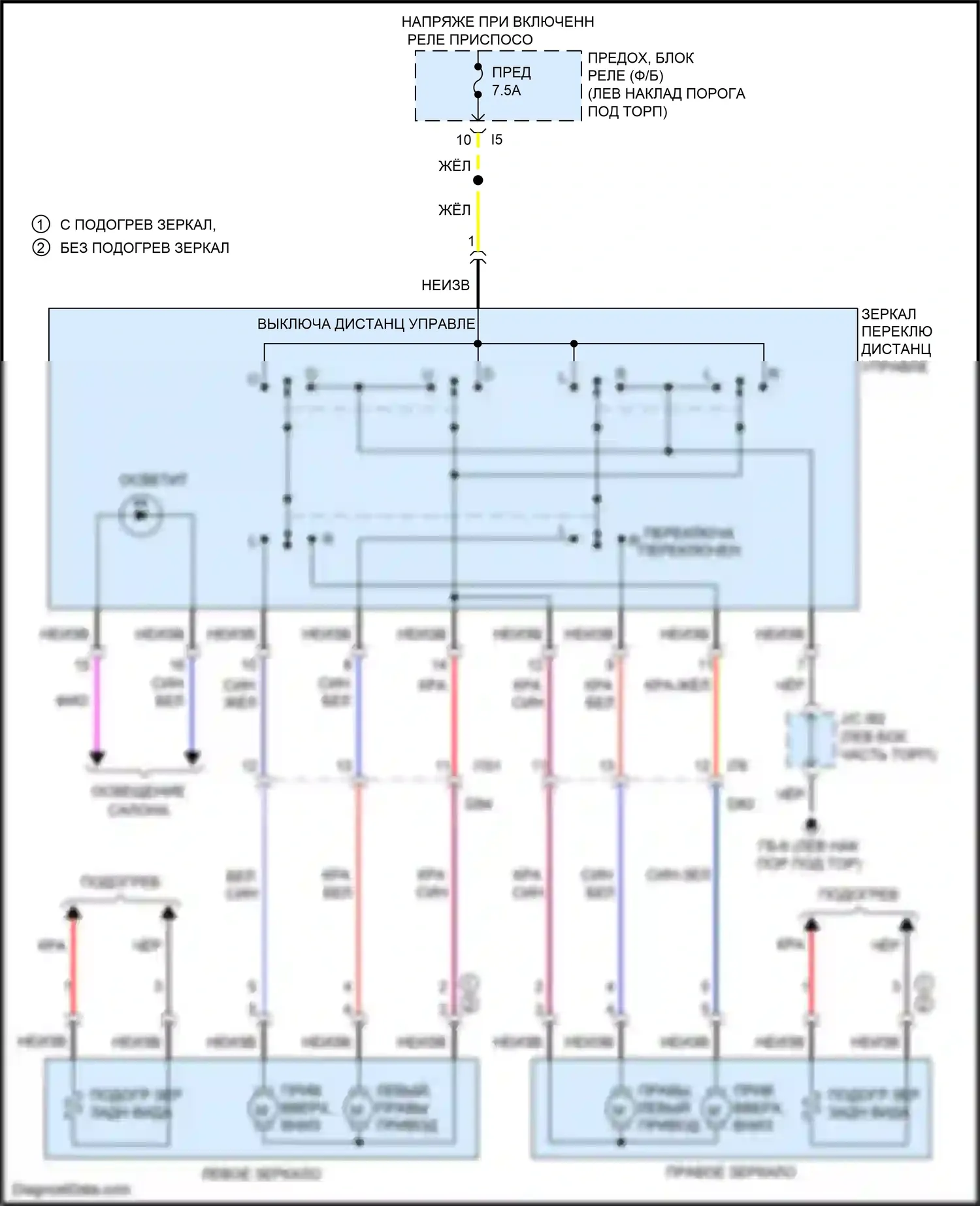 Outback Subaru BR рестайлинг (2012-2014): Электросхема силового зеркала, без выдвижного наружного зеркала 