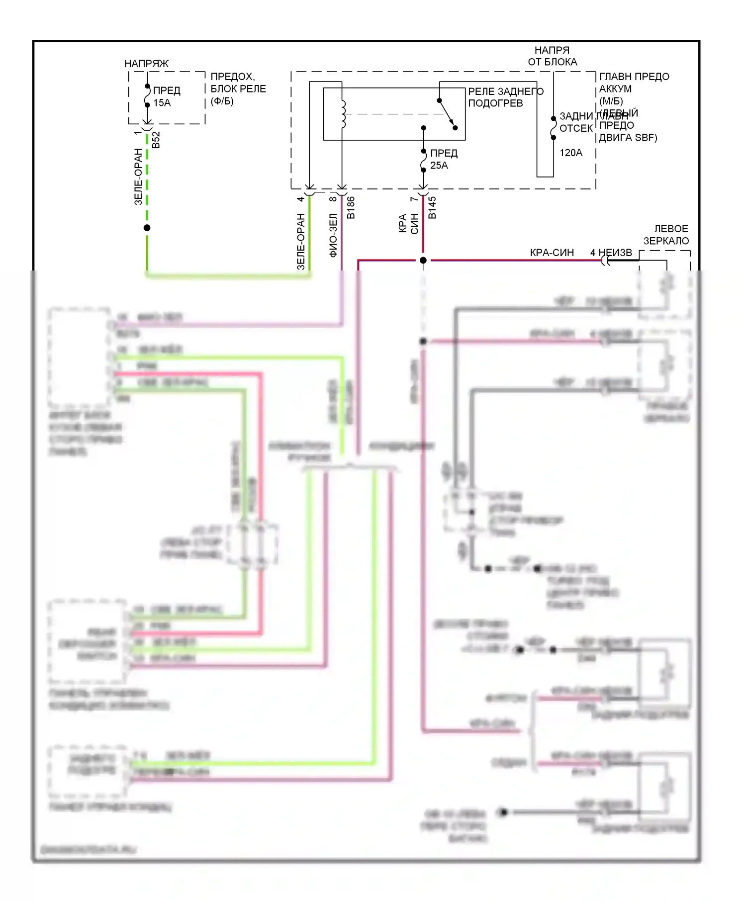 Outback Subaru BR (2009-2012): Электросхема зеркального нагревателя и заднего подогрева 