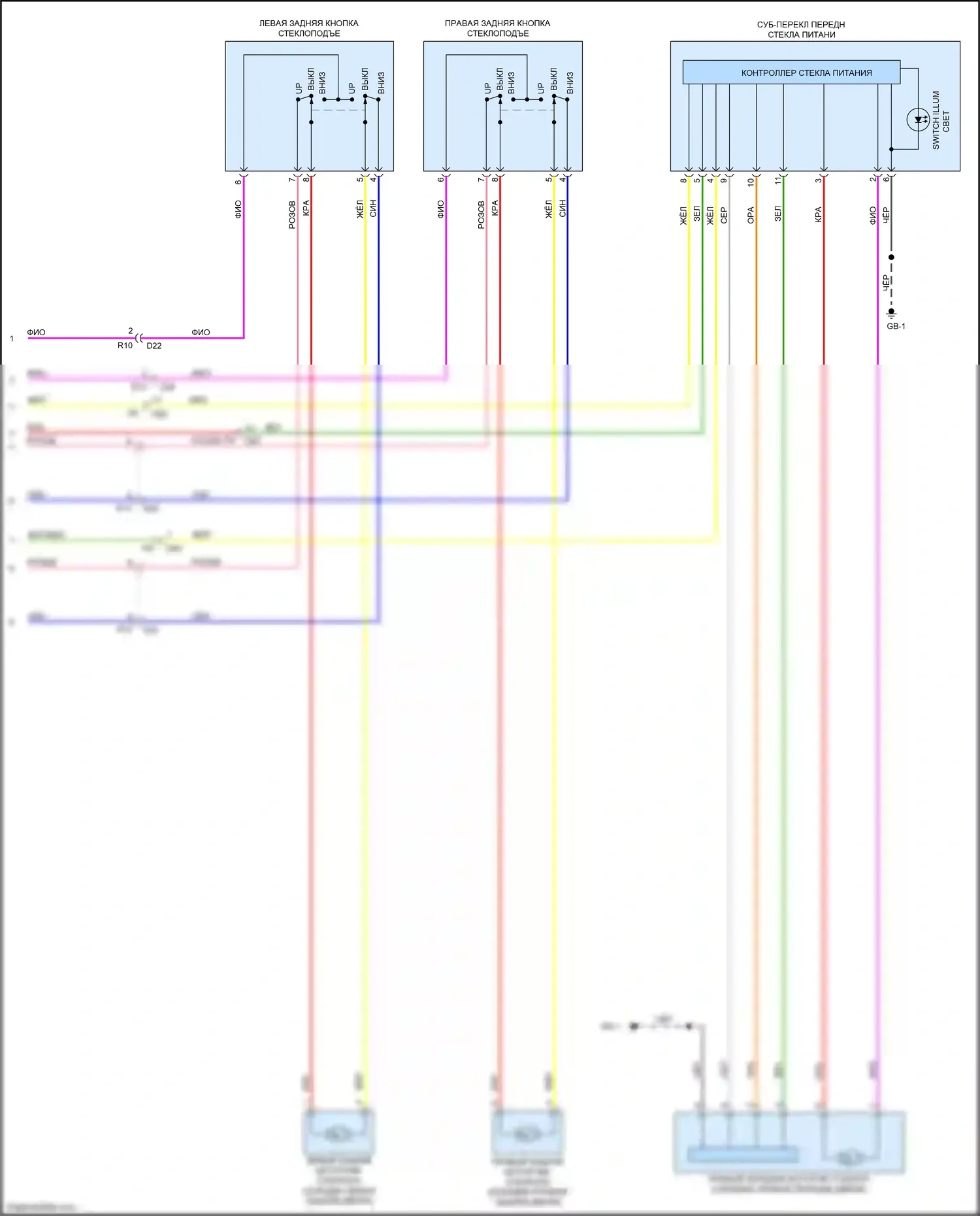 Outback Subaru BS (2014-2018): Электросхема стеклоподъемников с функцией автоматического заднего хода сиденья водителя и пассажира (2 из 2) 