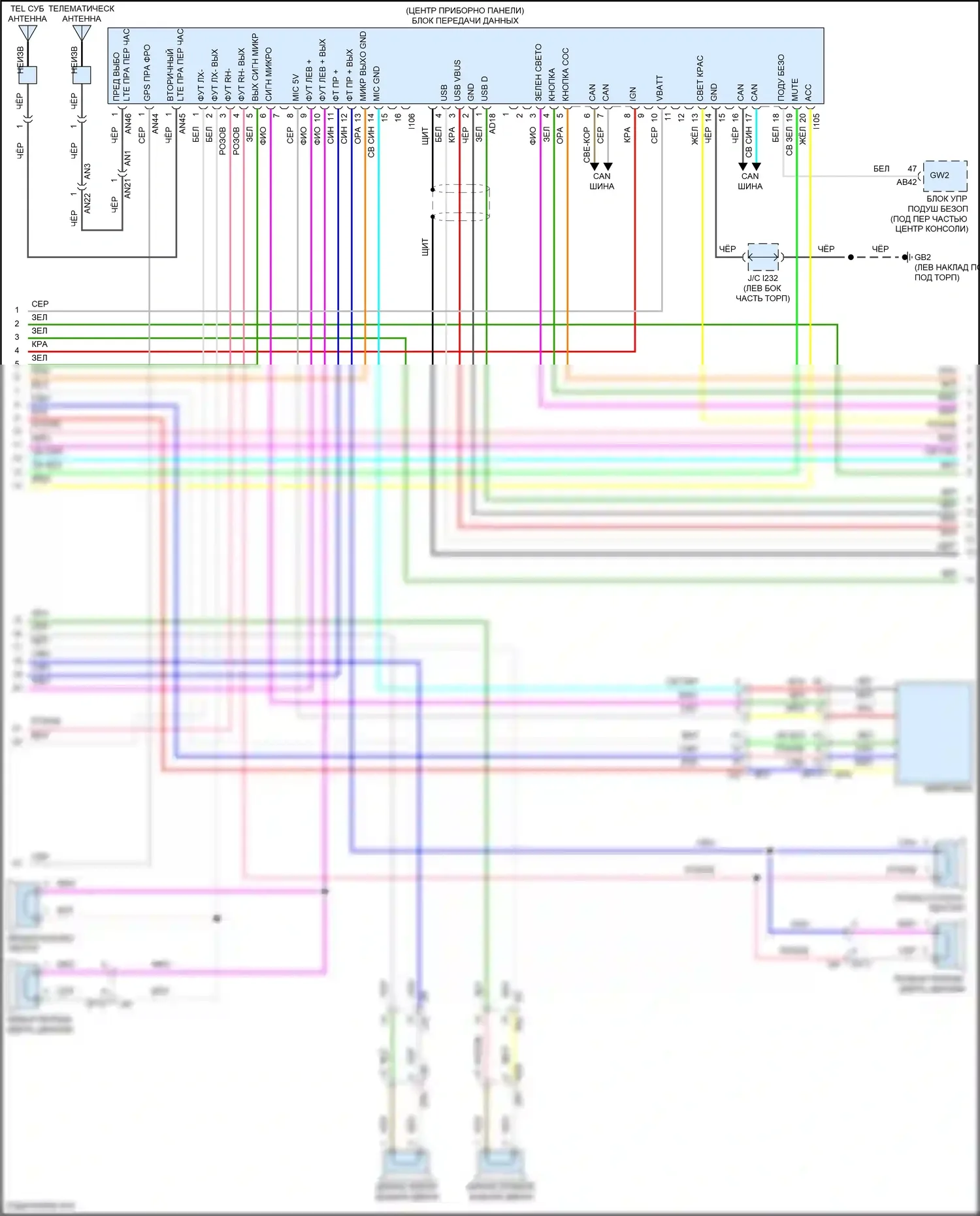 Outback Subaru BT рестайлинг (2022-2024): Электросхема магнитолы, без усилителя звука, с телематикой (2 из 3) 