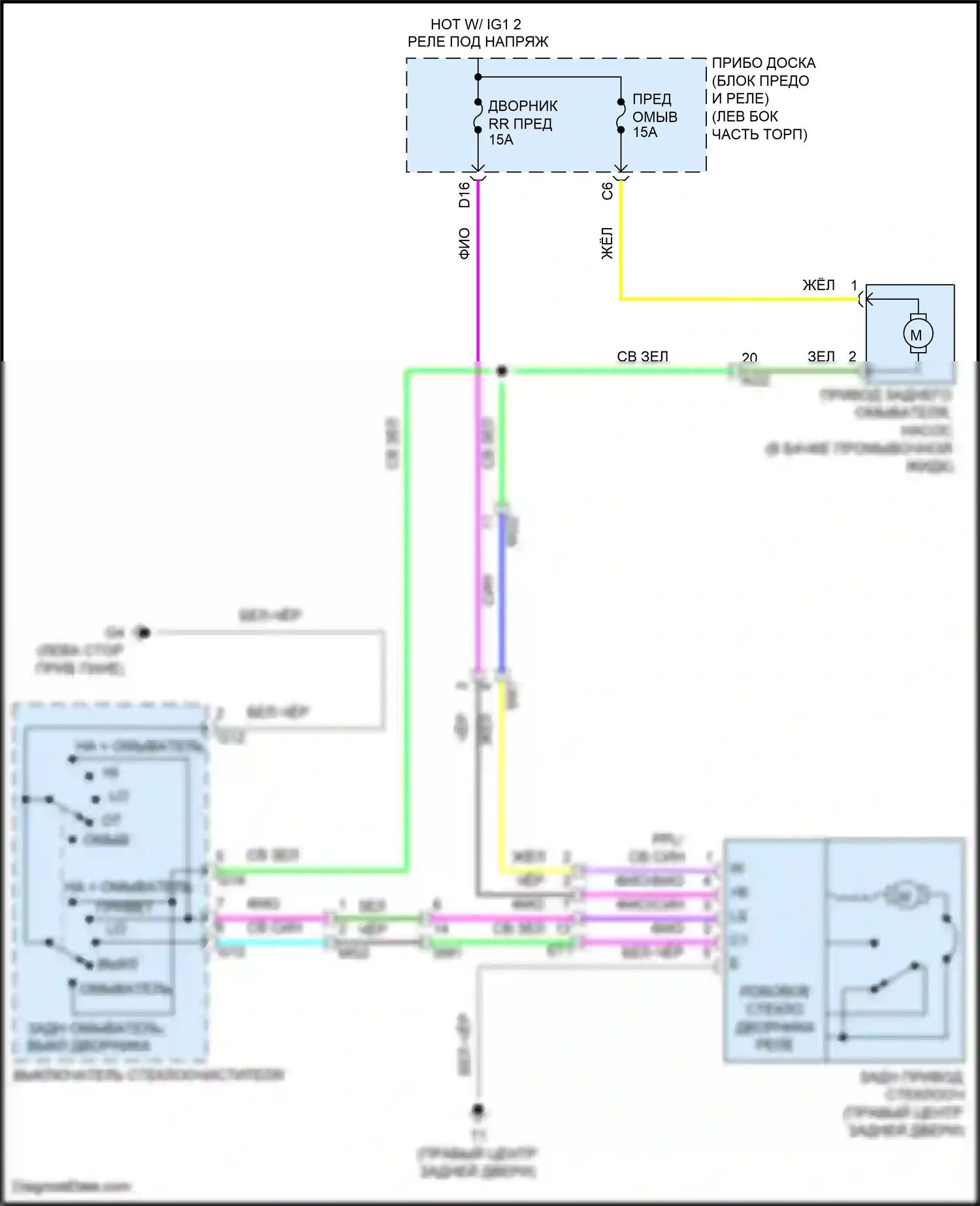 Aqua Toyota I рестайлинг 2 (2017-2021): Электросхема задних дворников и омывателей 