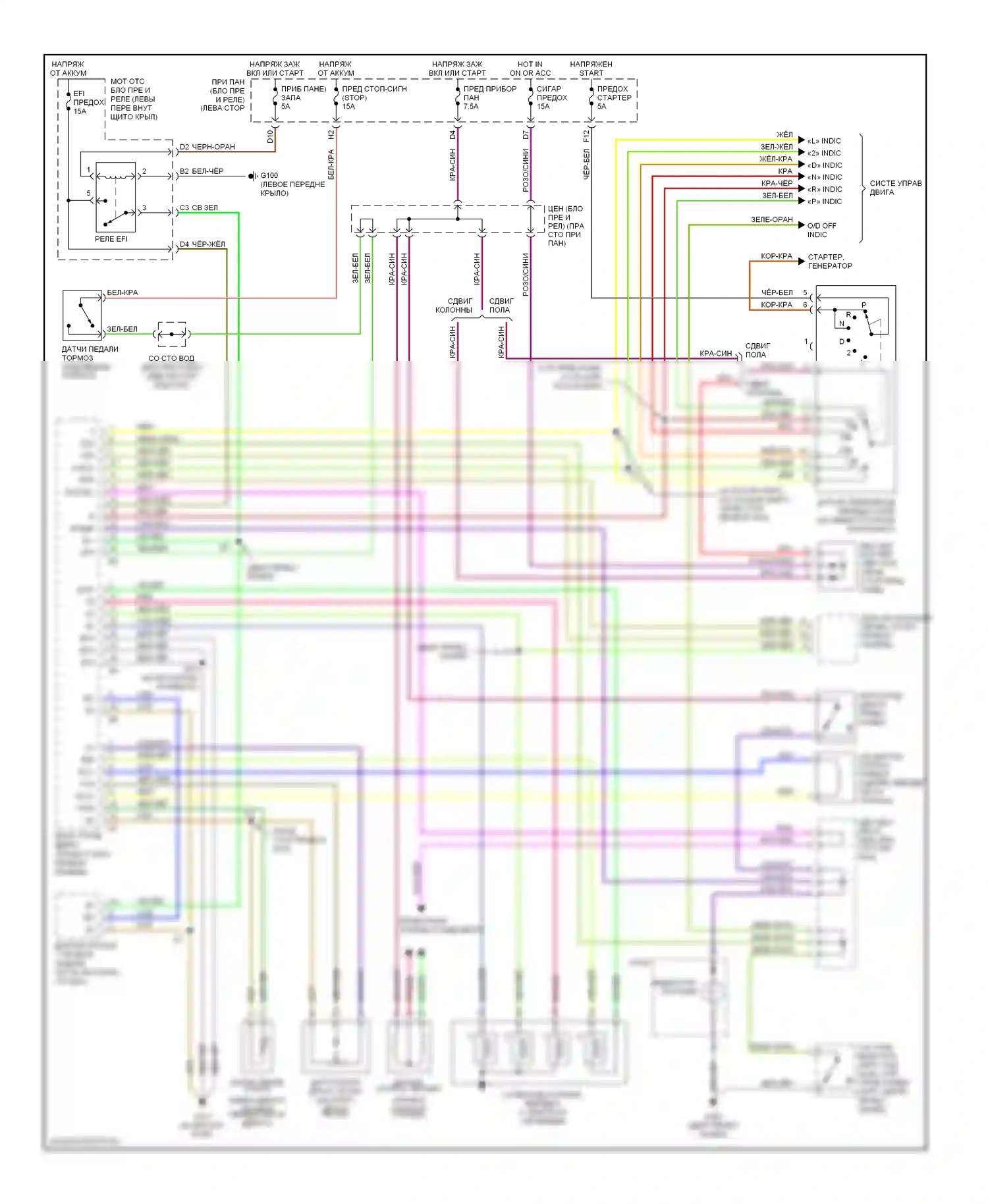 Avalon Toyota XX10 рестайлинг (1997-2000): Электросхема автоматической коробки передач, за исключением калифорнии, без иммобилайзера и противобуксовочной системы 