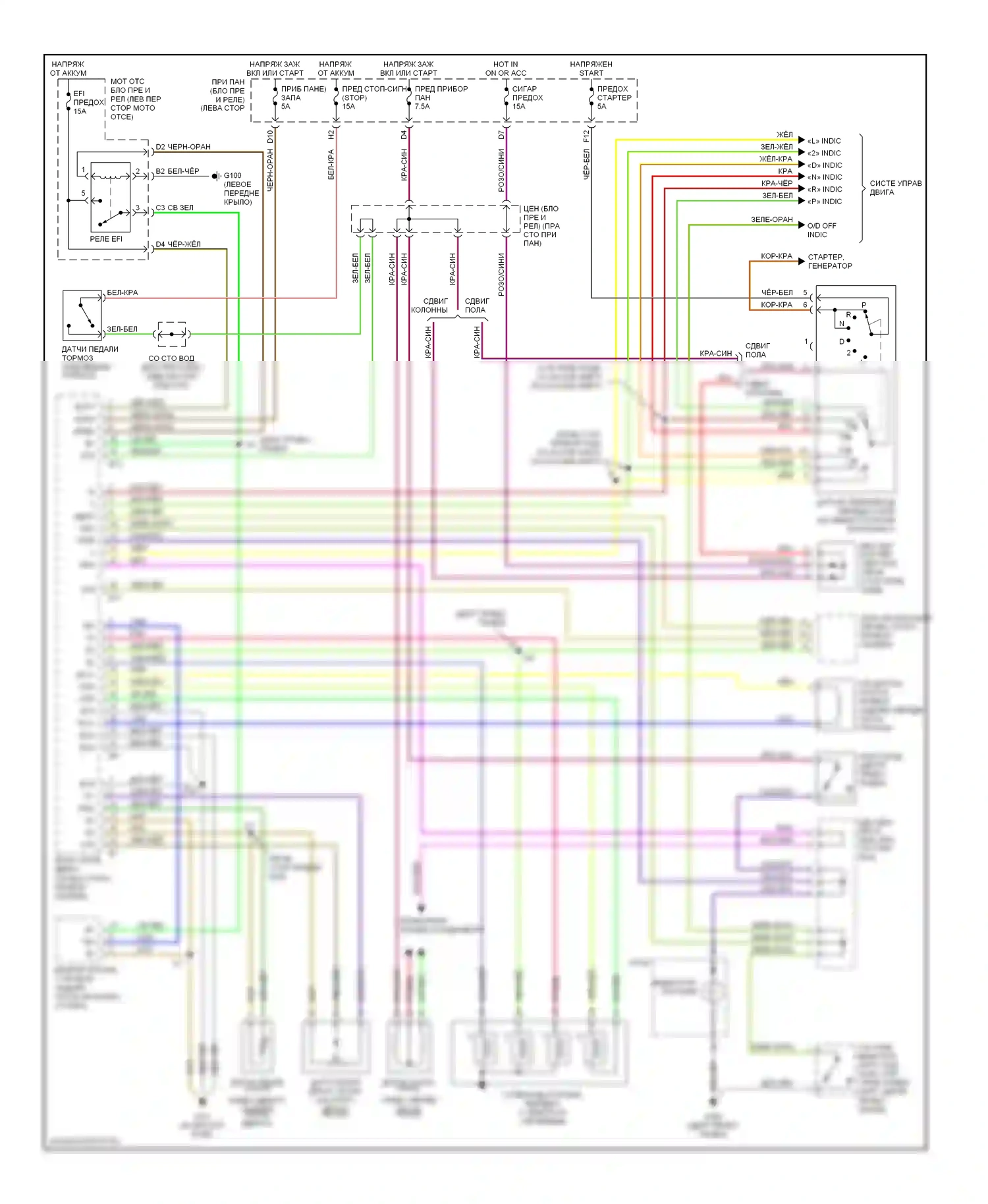 Avalon Toyota XX10 рестайлинг (1997-2000): Электросхема автоматической коробки передач, за исключением калифорнии, с иммобилайзером и/или тяговым контактом 