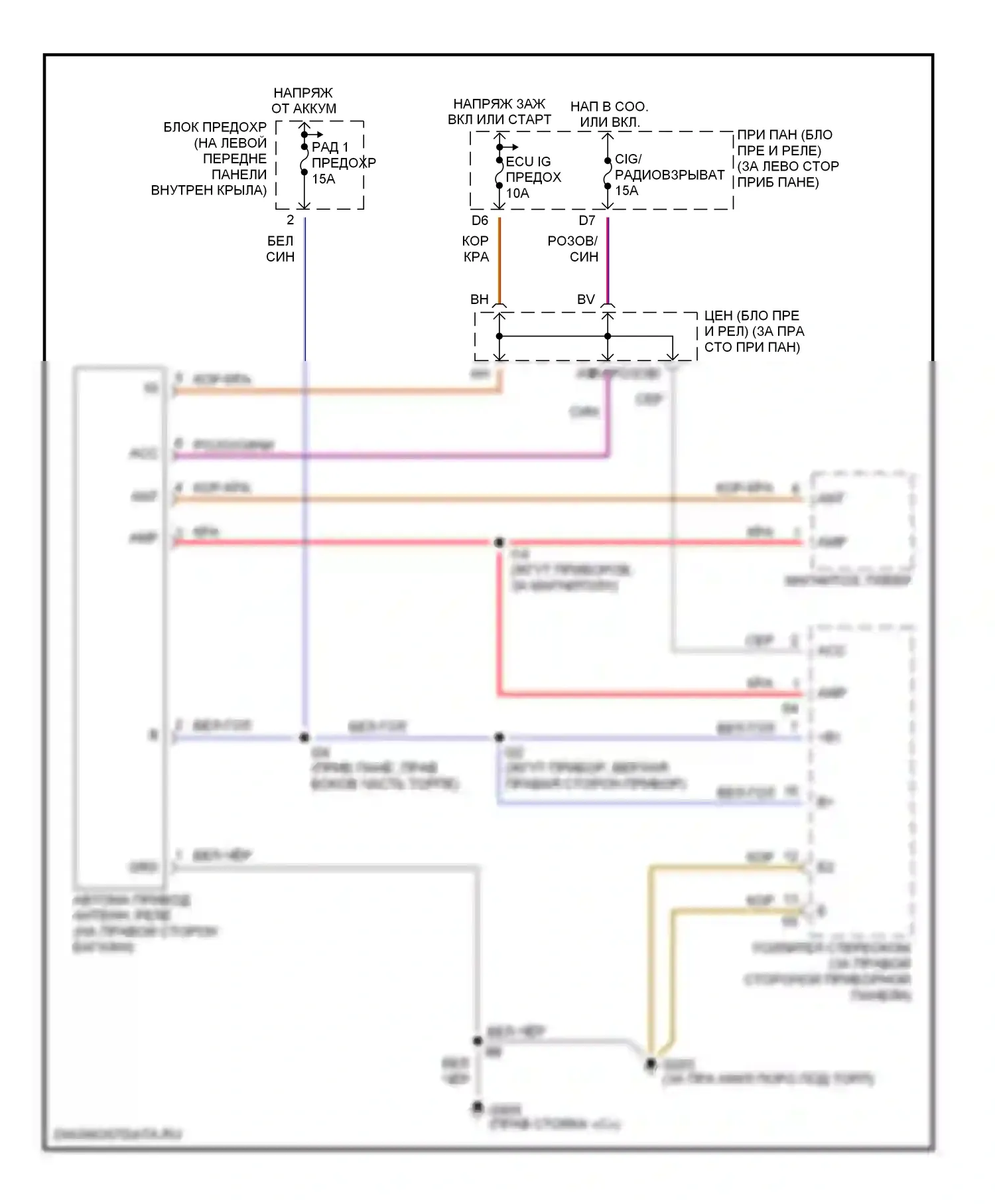 Avalon Toyota XX10 рестайлинг (1997-2000): Электросхема силовой антенны 