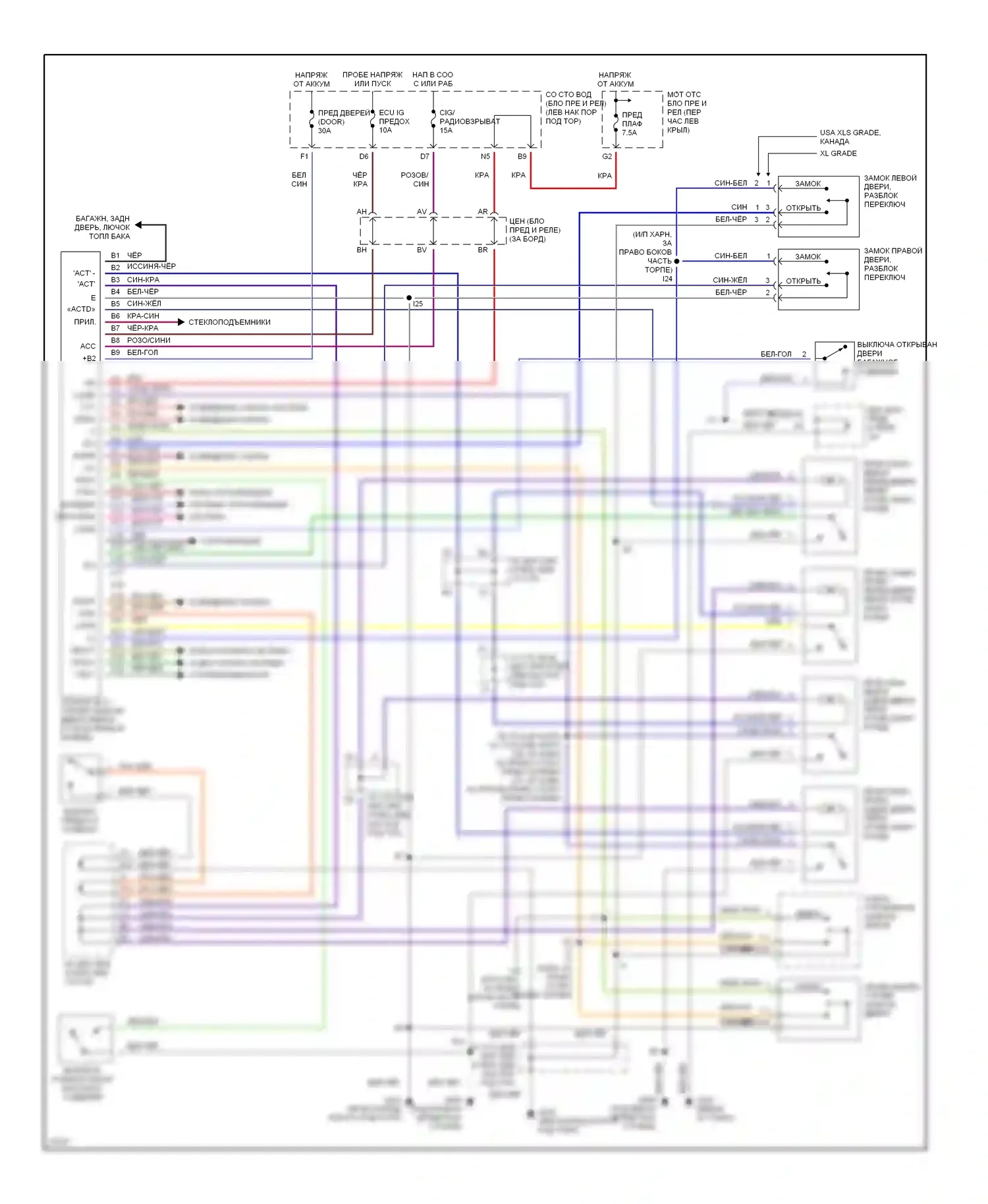 Avalon Toyota XX10 (1994-1997): Электросхема замка двери питания, с сигнализацией 