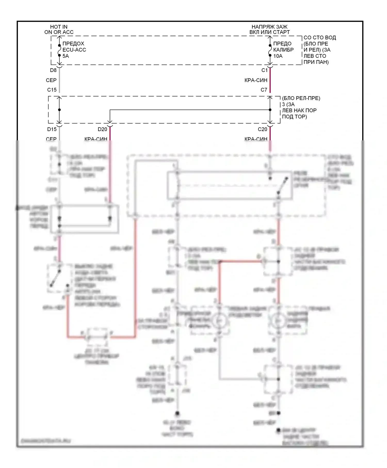 Avalon Toyota XX20 рестайлинг (2002-2005): Электросхема фонарей заднего хода, со сдвигом колонок 