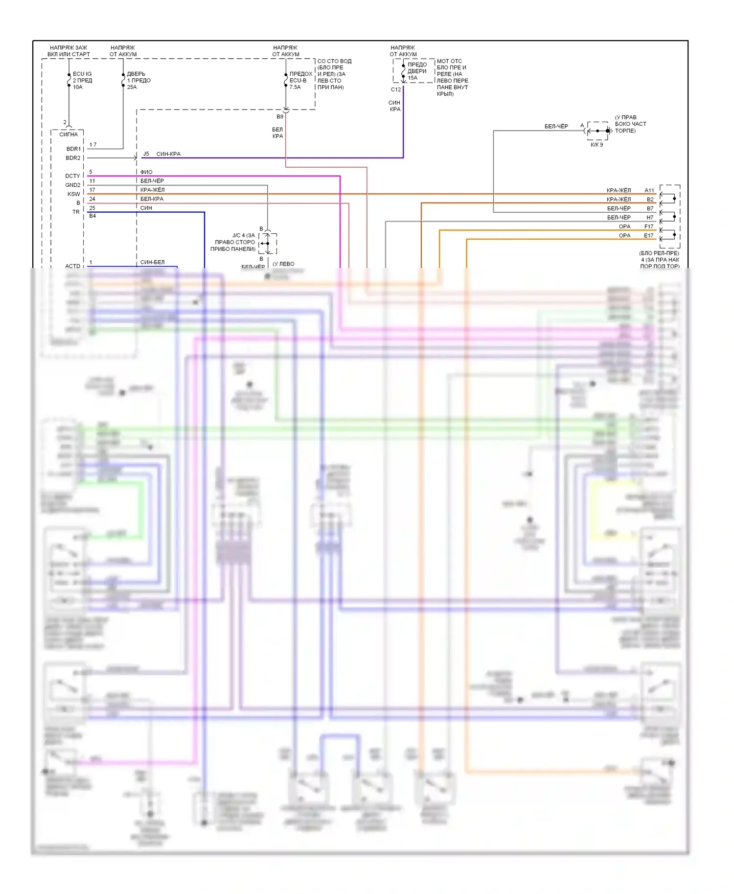 Avalon Toyota XX20 рестайлинг (2002-2005): Электросхема центрального замка, без ключа 